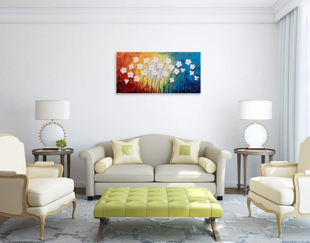 Hand Painted 3D Canvas Oil Painting - Modern Large Floral Wall Art in Light Blue, Yellow, Red & White | Yihui Arts Home Decor for Living Room, Bedroom, Nursery | Perfect for Housewarming Gifts & Interior Design