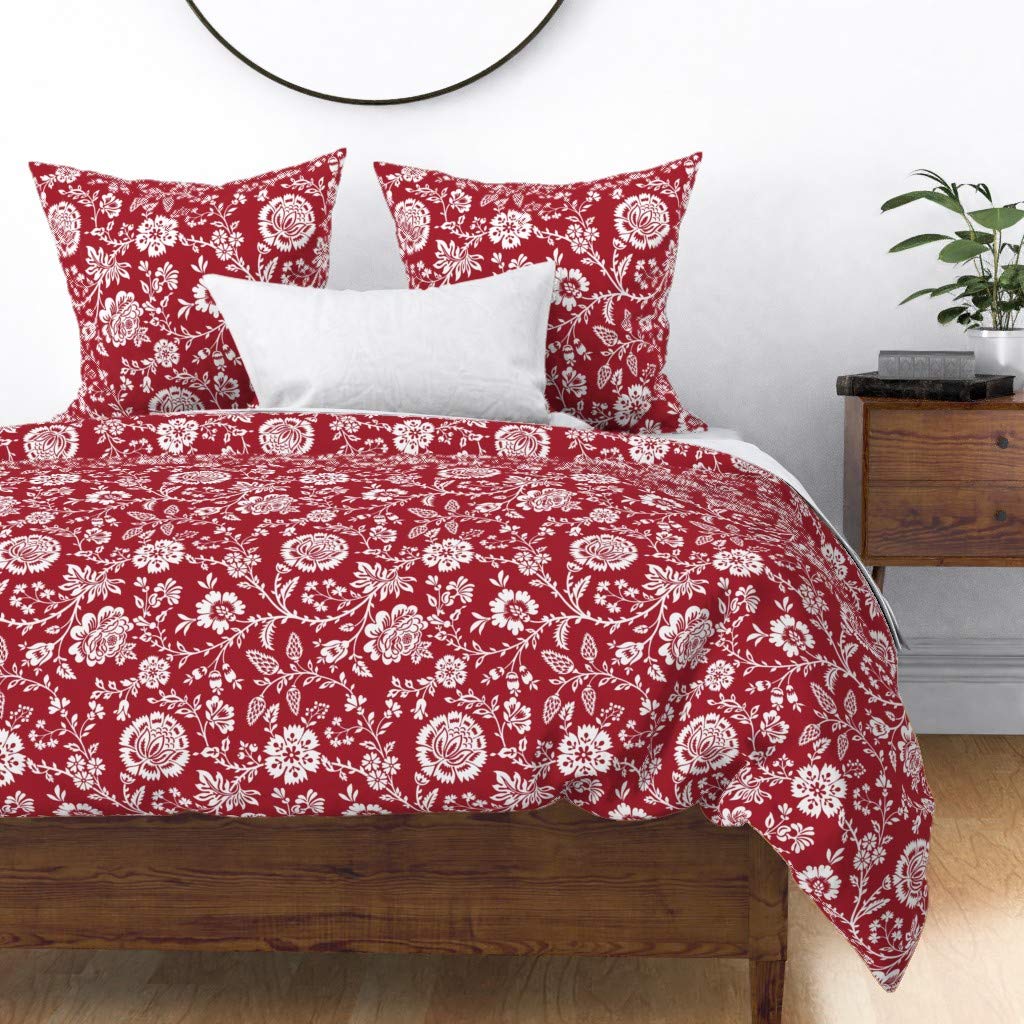 Custom Spoonflower Cotton Sateen Duvet Cover King/California King - White & Red Classic Century Christmas Festive Floral Playful Print Bedding Set for Holiday Home Decor