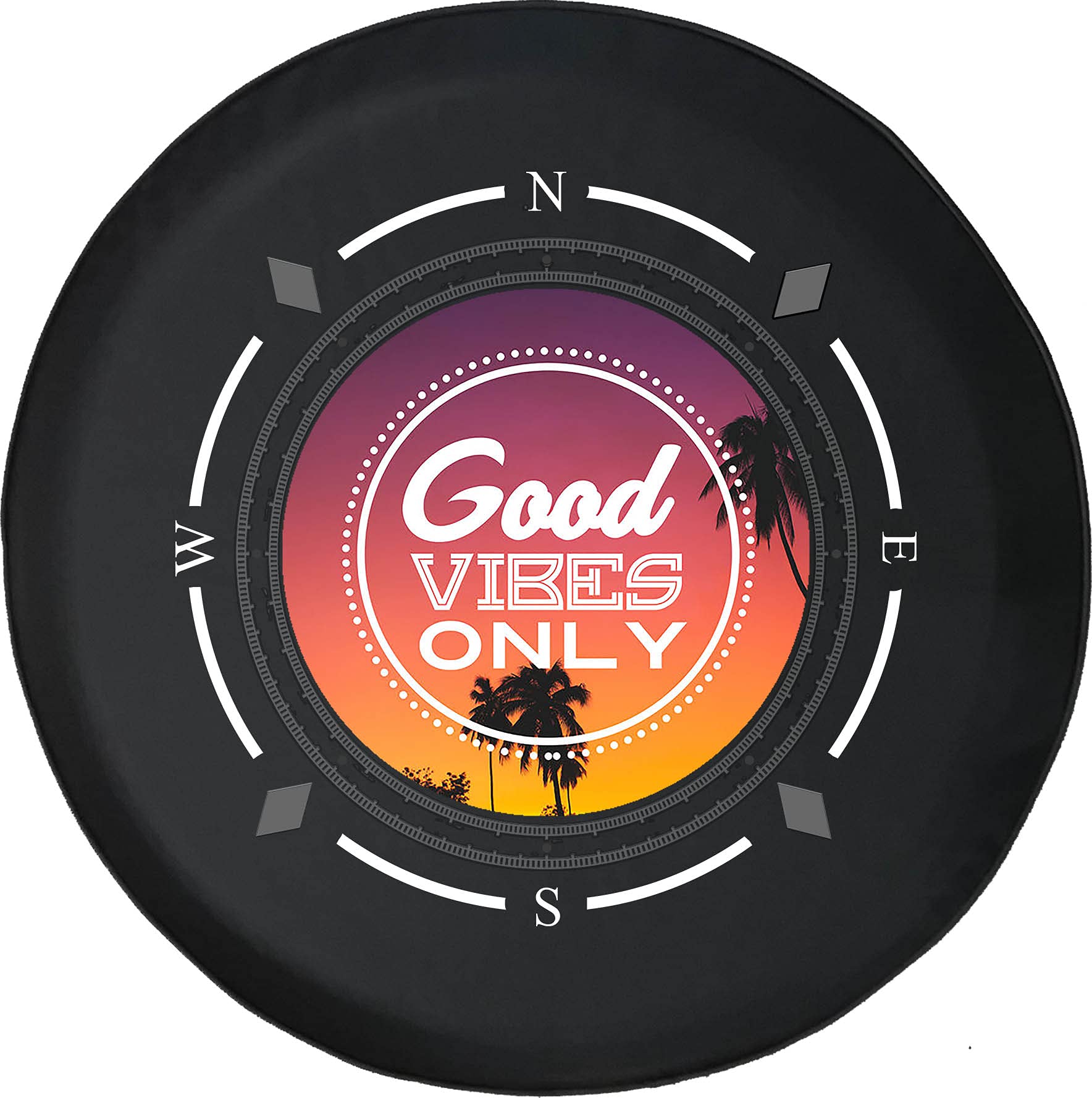 American Unlimited Spare Tire Cover with Compass & Palm Tree Design - Good Vibes Only Wheel Cover for SUV, Trailer, RV Accessories - Durable & Weatherproof for Off-Road Adventures & Camping Trips