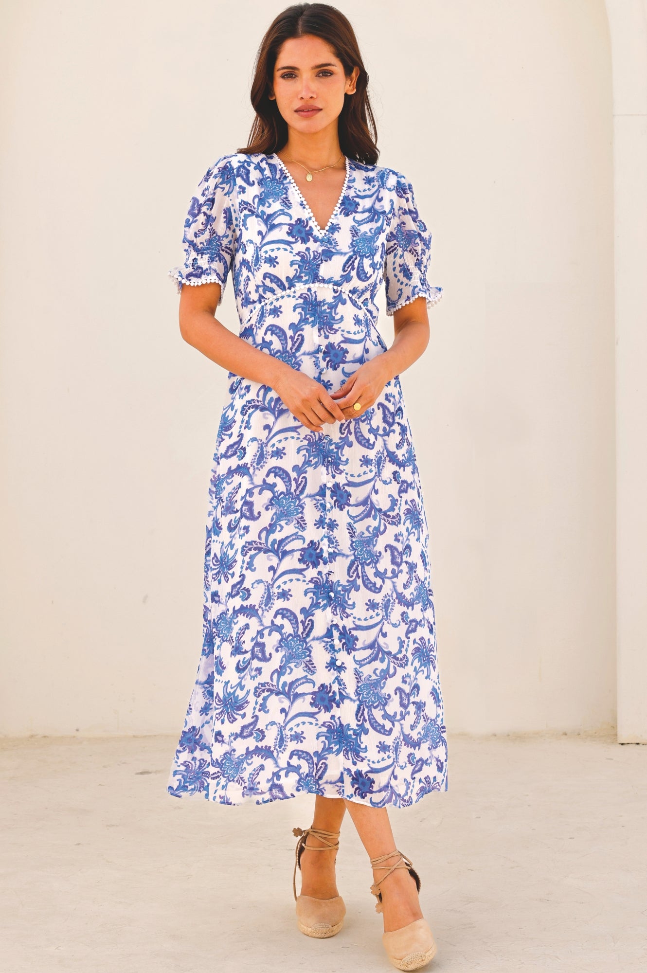 Short Sleeve Sally Anne Dress - Paisley Floral Print in White & Blue | Casual Summer Dress for Women, Perfect for Beach Outings and Garden Parties
