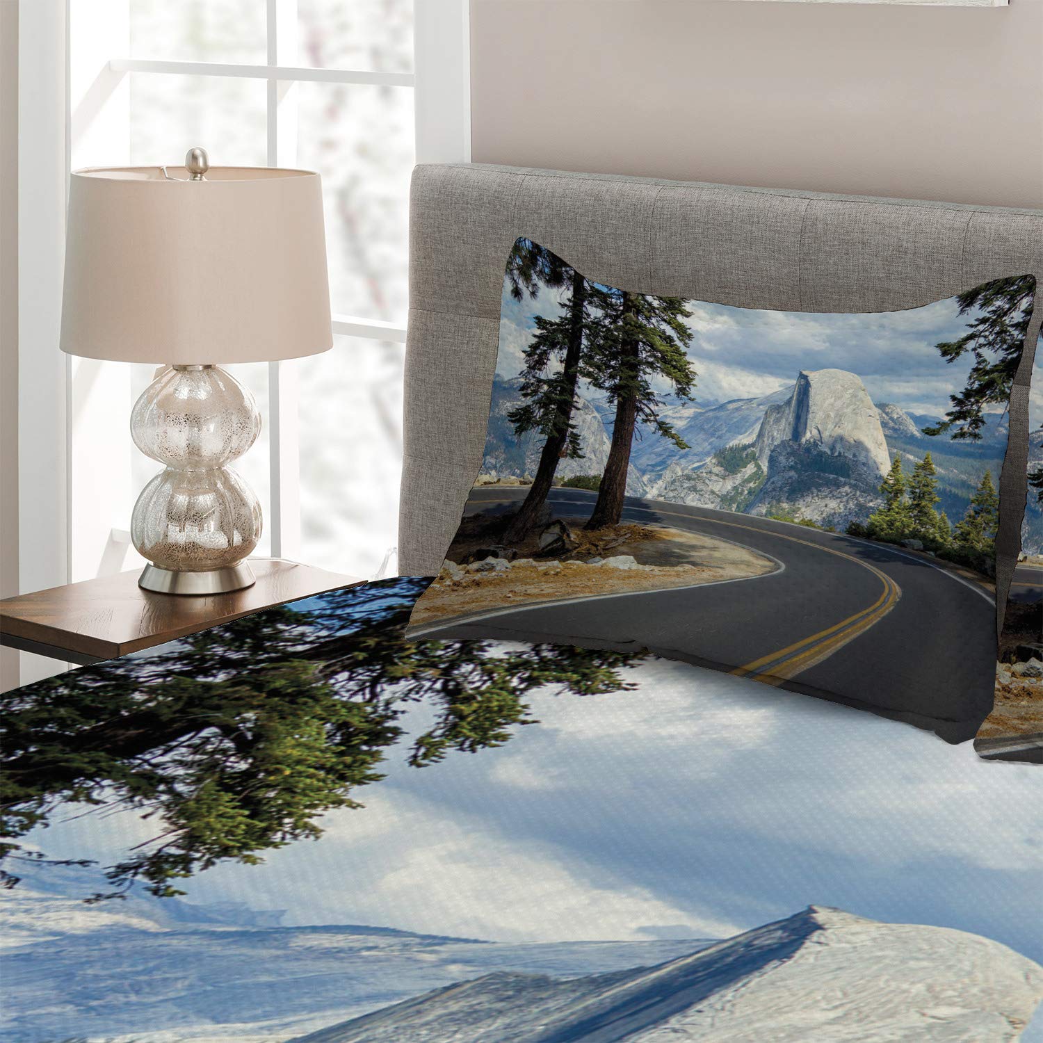 Ambesonne Yosemite 3-Piece Quilted Bedspread Set - King Size Green Landscape Bedding with El Capitan Mountain Design & 2 Pillow Shams | Nature-Themed Bedroom Decor for Cozy Cabin Retreats