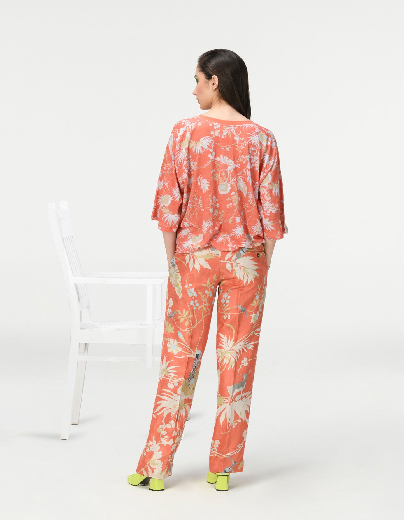 Premium Straight Fit Trousers - Silk Damask Coral Pattern - Elegant Formal Pants for Office Wear & Special Occasions