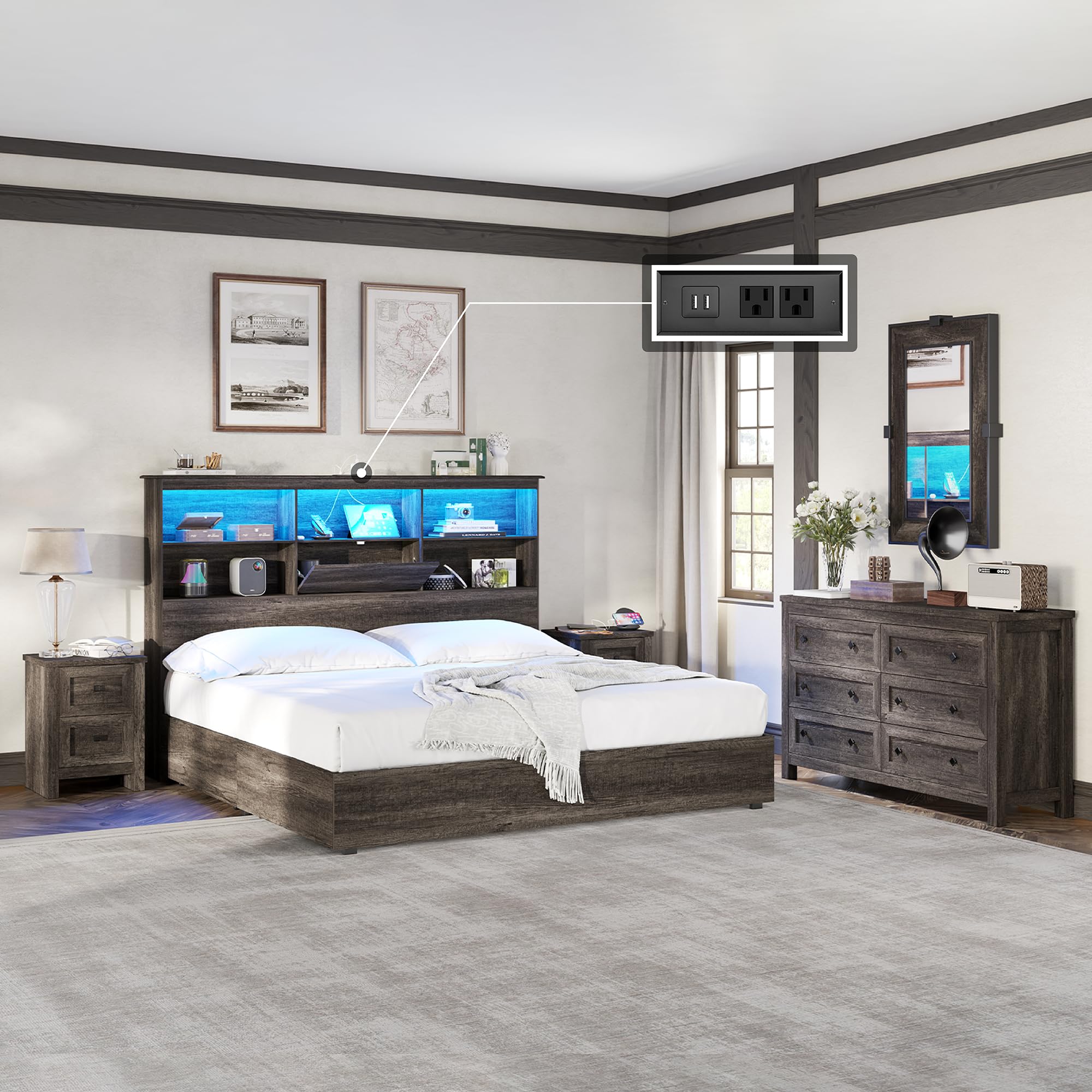 AMERLIFE Farmhouse 2-Piece Queen Size Bedroom Set - Wooden Platform Bed Frame with LED Bookcase Headboard & 6-Drawer Dresser, Includes 4 Under-Bed Storage Drawers & 54