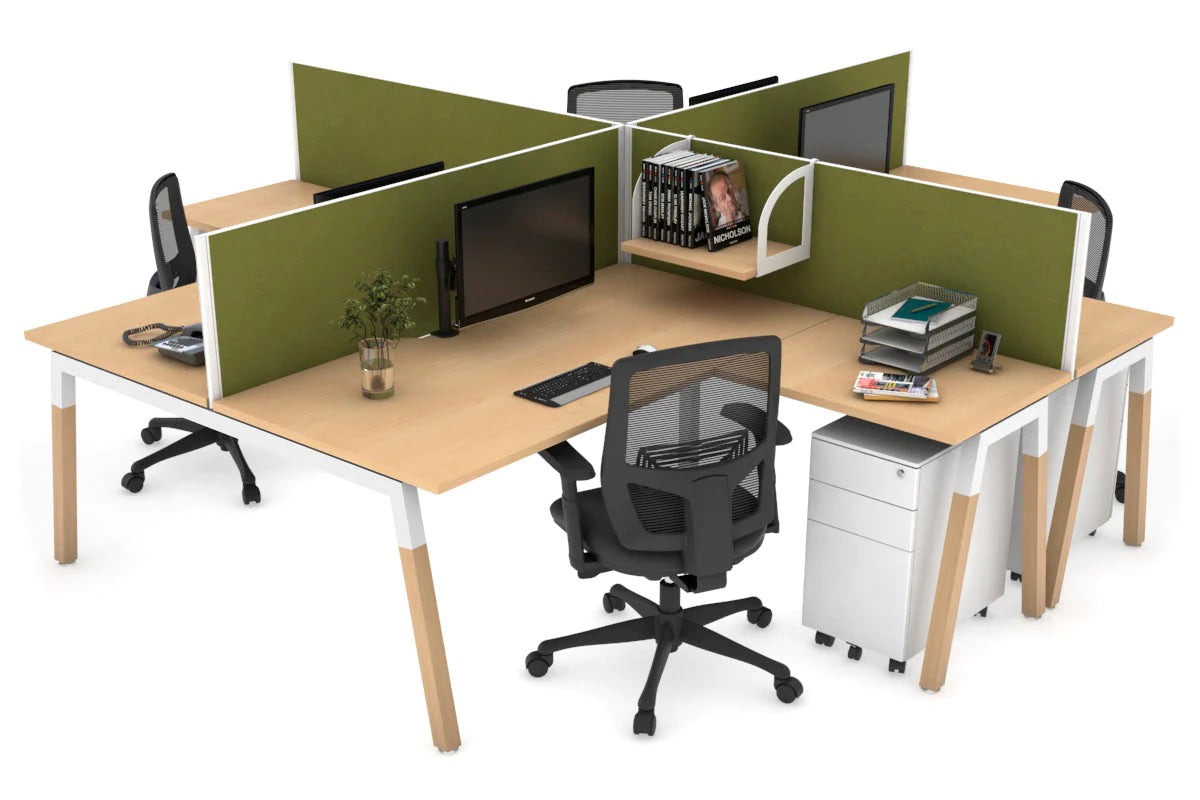 Quadro Wood A Legs Cross Beam 4-Person Corner Workstation Desk - 1600L x 1800W with Cable Management Scallop - Perfect for Office, Home Workspace & Collaborative Environments