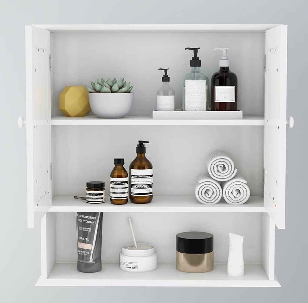 White Wall Mounted Bathroom Cabinet with Mirror Doors - Adjustable Shelf Medicine Storage Cabinet, Over Toilet Hanging Organizer - Perfect for Small Bathrooms, Apartments & Vanity Storage