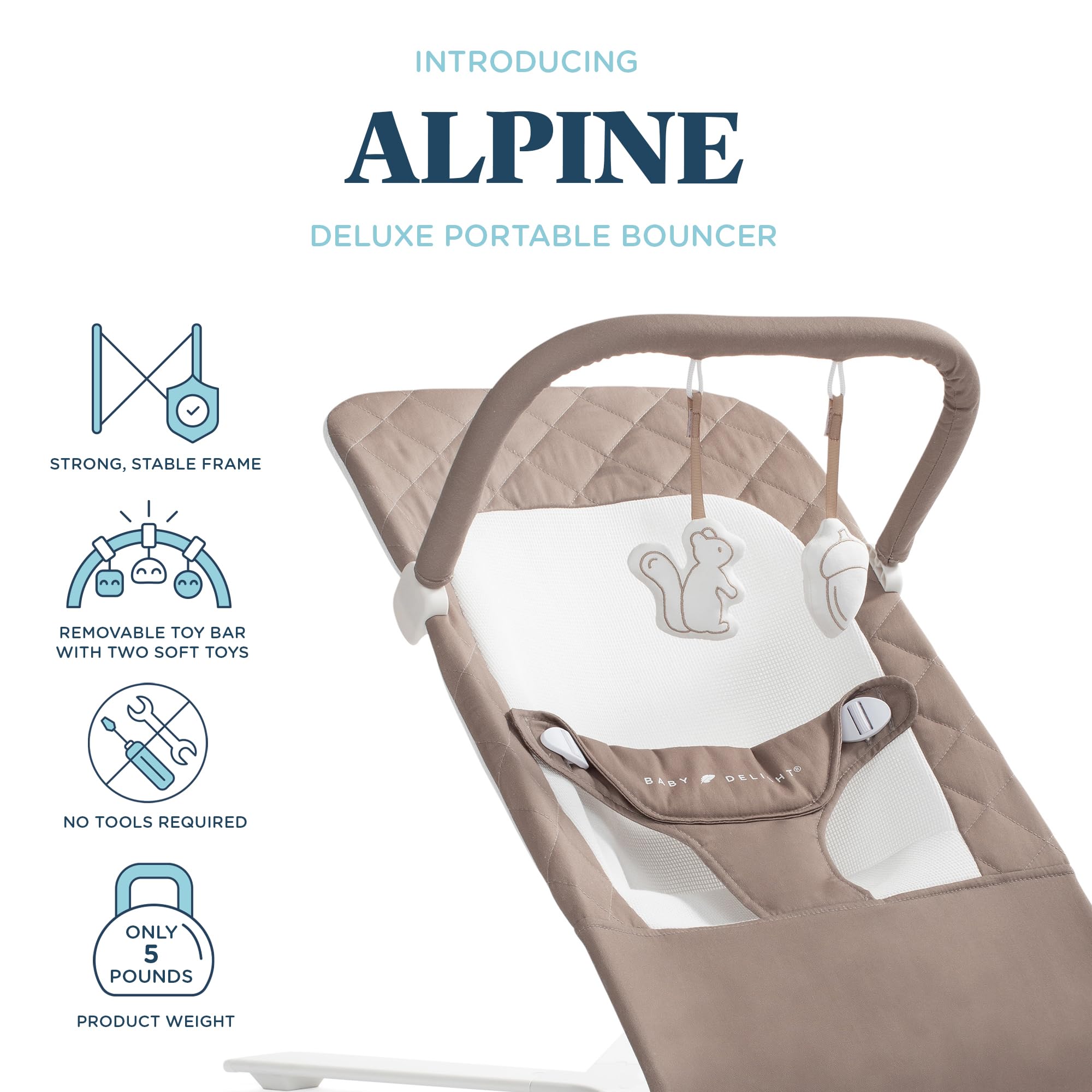 Baby Delight Alpine Deluxe Portable Baby Bouncer - Infant Seat for Newborns 0-6 Months | 100% GOTS Certified Organic Cotton Fabric in Mocha | Gentle Rocking Motion for Soothing & Playtime | Perfect for Nursery, Living Room or Travel
