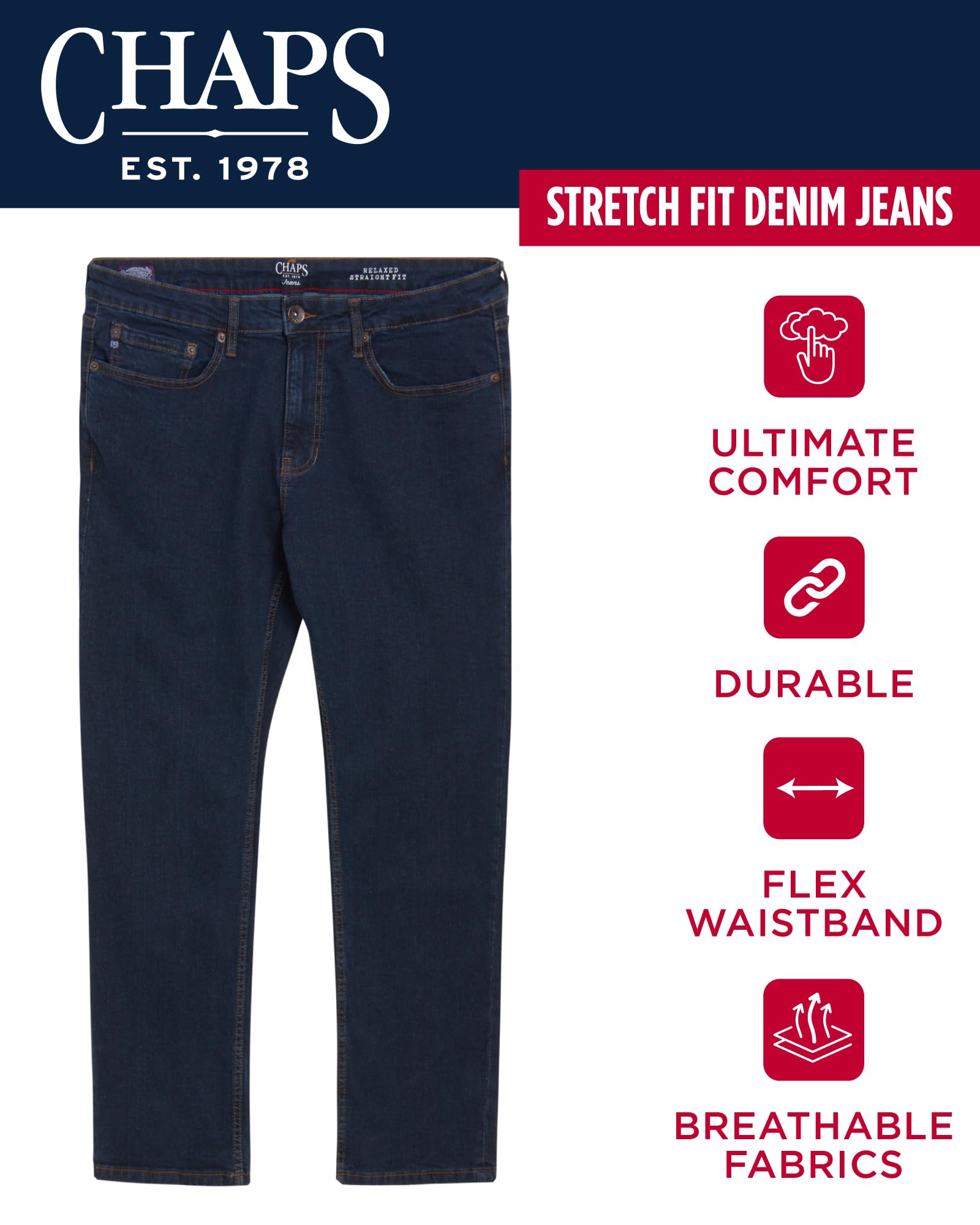 Chaps Men's Straight Leg Comfort Stretch Denim Jeans - Regular & Slim Fit for Everyday Wear | Casual, Office & Weekend Outfits