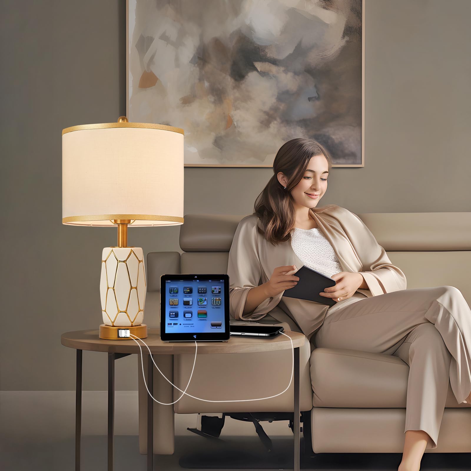 2 Pack Modern Touch Control Ceramic Table Lamps with USB Ports & Fabric Drum Shade - Black/White Nightstand Lamps for Bedroom, Living Room, Office - Includes LED Bulbs (White) - Perfect for Reading, Relaxing & Home Decor