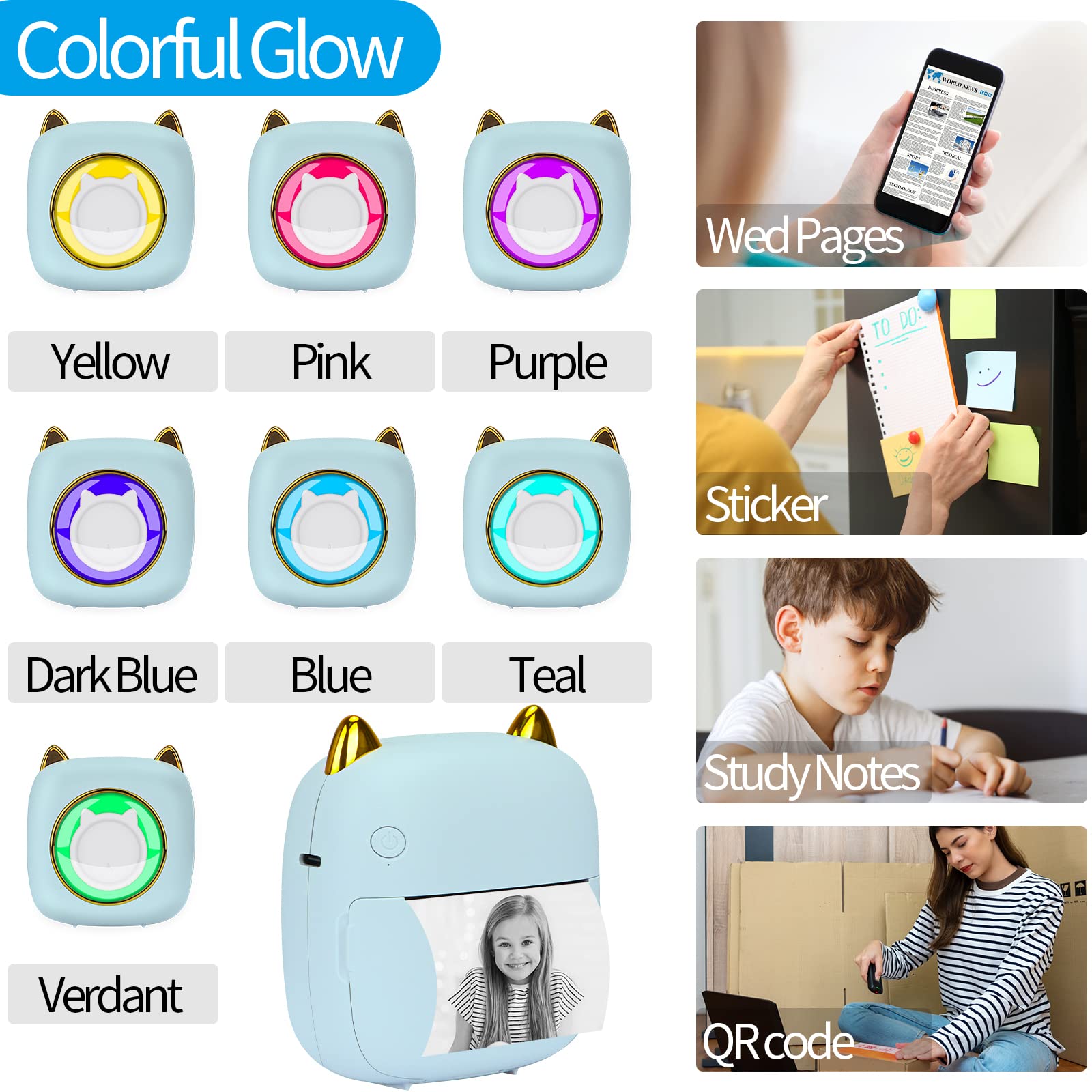 HuiJuKeJi Mini Sticker Printer - Portable Bluetooth Thermal Printer for iOS & Android with RGB Light, 10 Rolls Thermal Paper & Sticker - Perfect for Photo Journaling, Notes, Memos & Receipt Printing at Home, Office or Travel