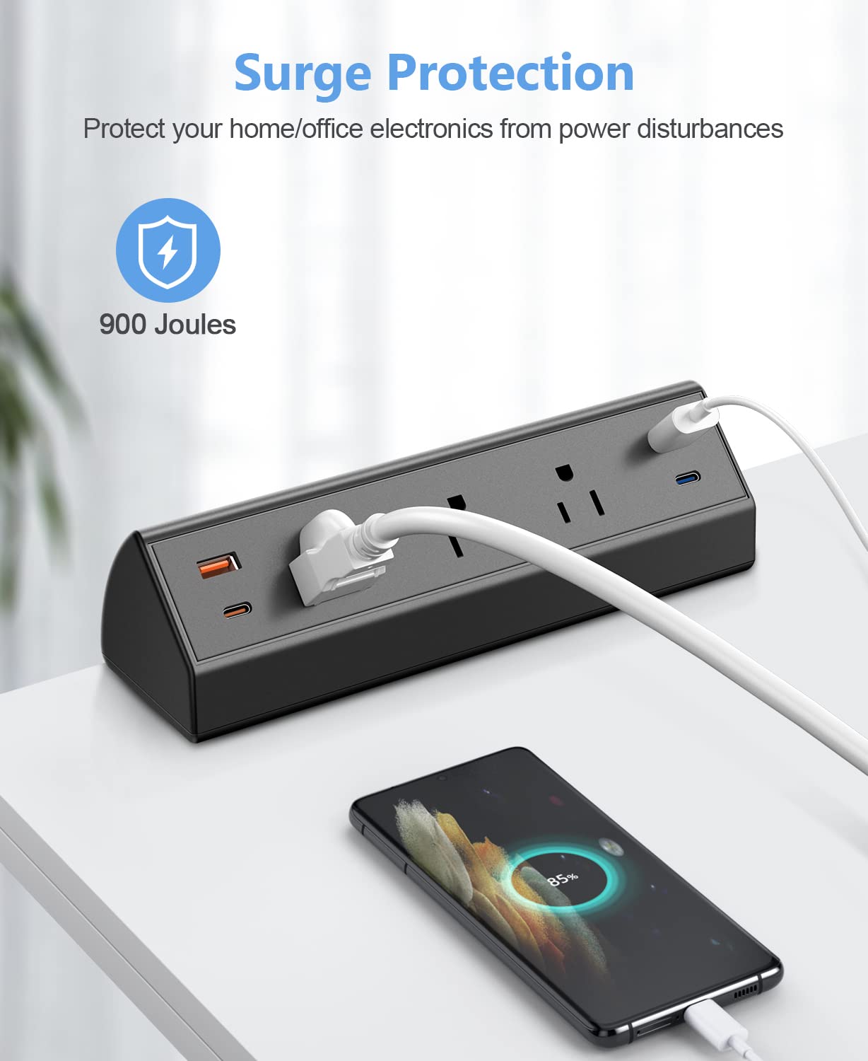 65W Fast Charging Desk Clamp Power Strip with USB-C Ports - Surge Protector with 3 Outlets & 6ft Cord for iPhone 14 Pro Max/iPad/MacBook Air - Perfect for Home Office, Gaming Setup & Bedside Charging (Black)