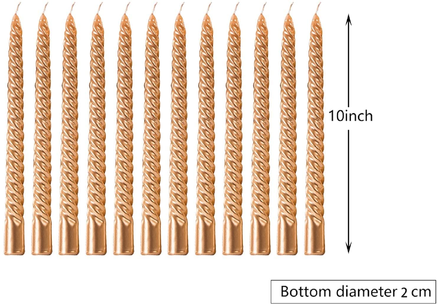 10 Inch Tall Spiral Taper Candles - Set of 12 Long-Lasting (8 Hours) Unscented, Smokeless Tapered Candles - 25cm Golden Candlesticks for Elegant Home Dinners, Romantic Weddings, Halloween Decor & Special Occasions