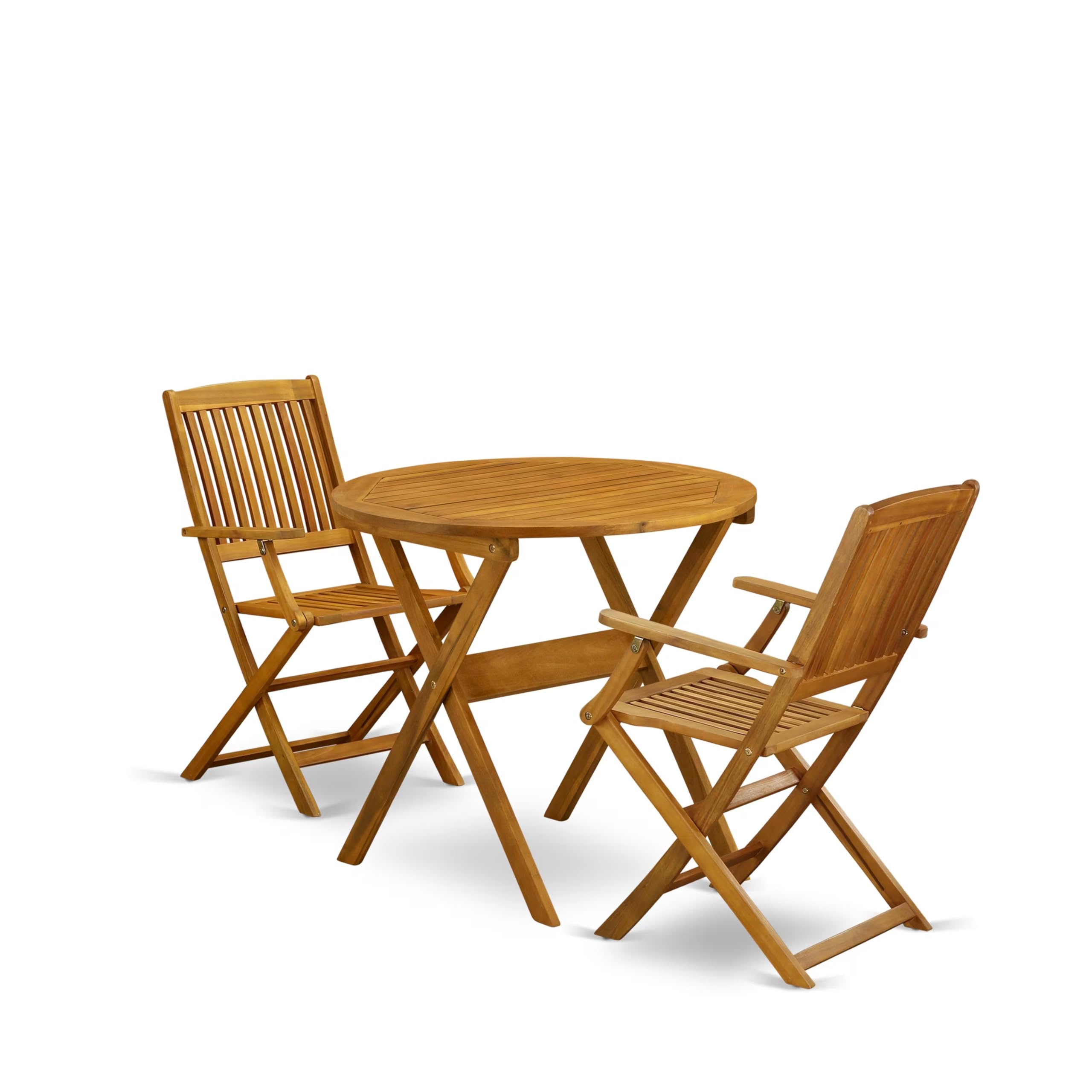 East West Furniture MNCM3CANA Marion 3-Piece Patio Bistro Set - Round Acacia Wood Coffee Table & 2 Folding Arm Chairs, 30x30 Inch, Natural Oil Finish - Perfect for Outdoor Dining, Garden, Balcony or Backyard Relaxation
