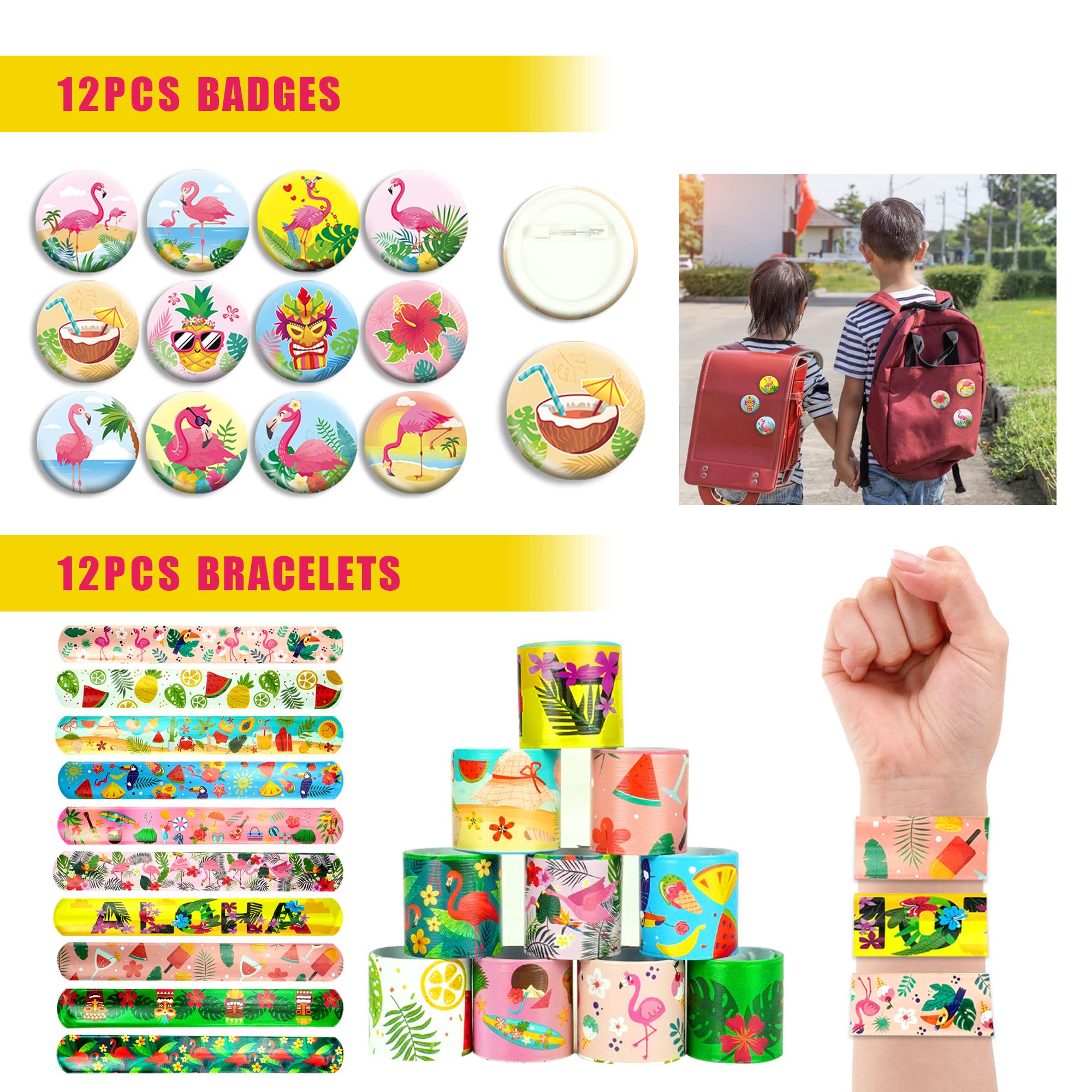 110 PCS Pink Flamingo Party Favors Set - Includes Keychains, Stickers, Slap Bracelets & Goodie Bags - Perfect for Flamingo Themed Birthday Parties, Hawaiian Luau, Pool Parties & Summer Celebrations