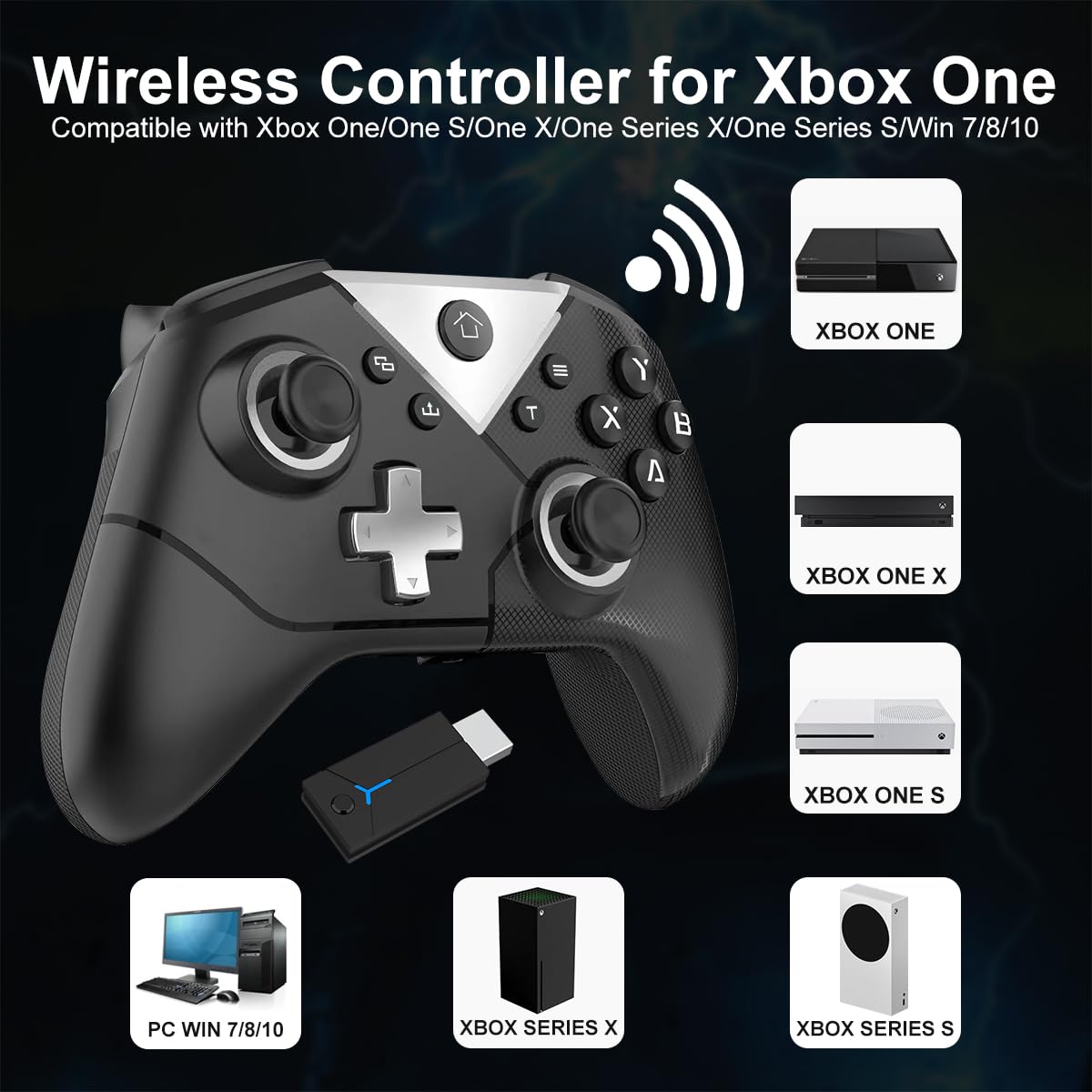 Wireless Xbox One Controller with RGB LED Lights, 2.4GHz Connection, 3.5mm Headphone Jack & 1000mAh Battery - Compatible with Xbox One S/X & Series S/X - Turbo Function - Black - Perfect for Gaming, Streaming & Multiplayer Sessions