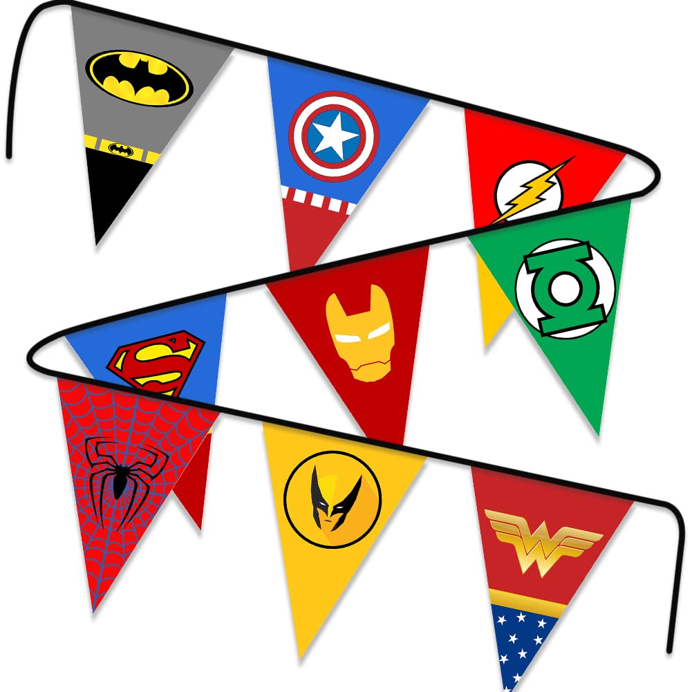 Superhero Birthday Banner - Happy Birthday Party Decorations for Kids & Adults - Fabric Pennant Garland for Baby Shower, Boys & Girls Room Decor - Perfect for Superhero Themed Parties & Home Decor