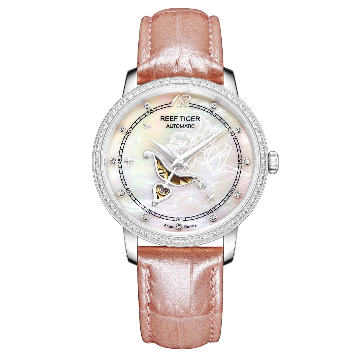 REEF TIGER Women's Luxury Automatic Watch with Genuine Leather Strap & Diamond Accents - RGA1550 - Perfect for Office, Party & Everyday Wear