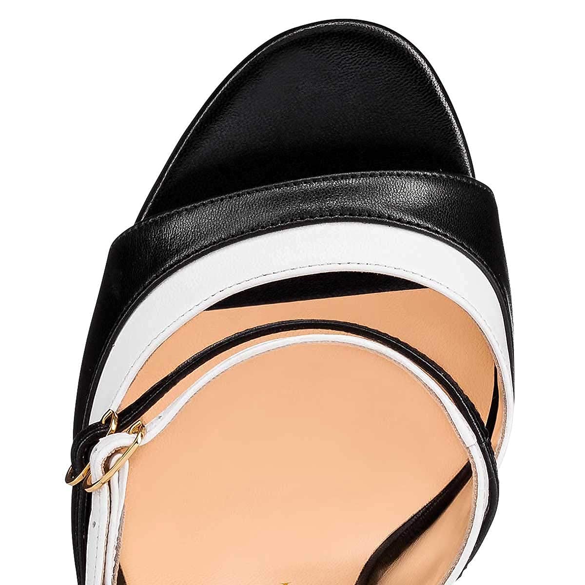 FSJ Women's Gold Metal Chain Thick Heel Open Toe Ankle Strap Sandals - Comfortable Summer High Heel Dress Shoes with Buckle for Women (Black/White, US 4-15) | Perfect for Parties, Weddings & Evening Events
