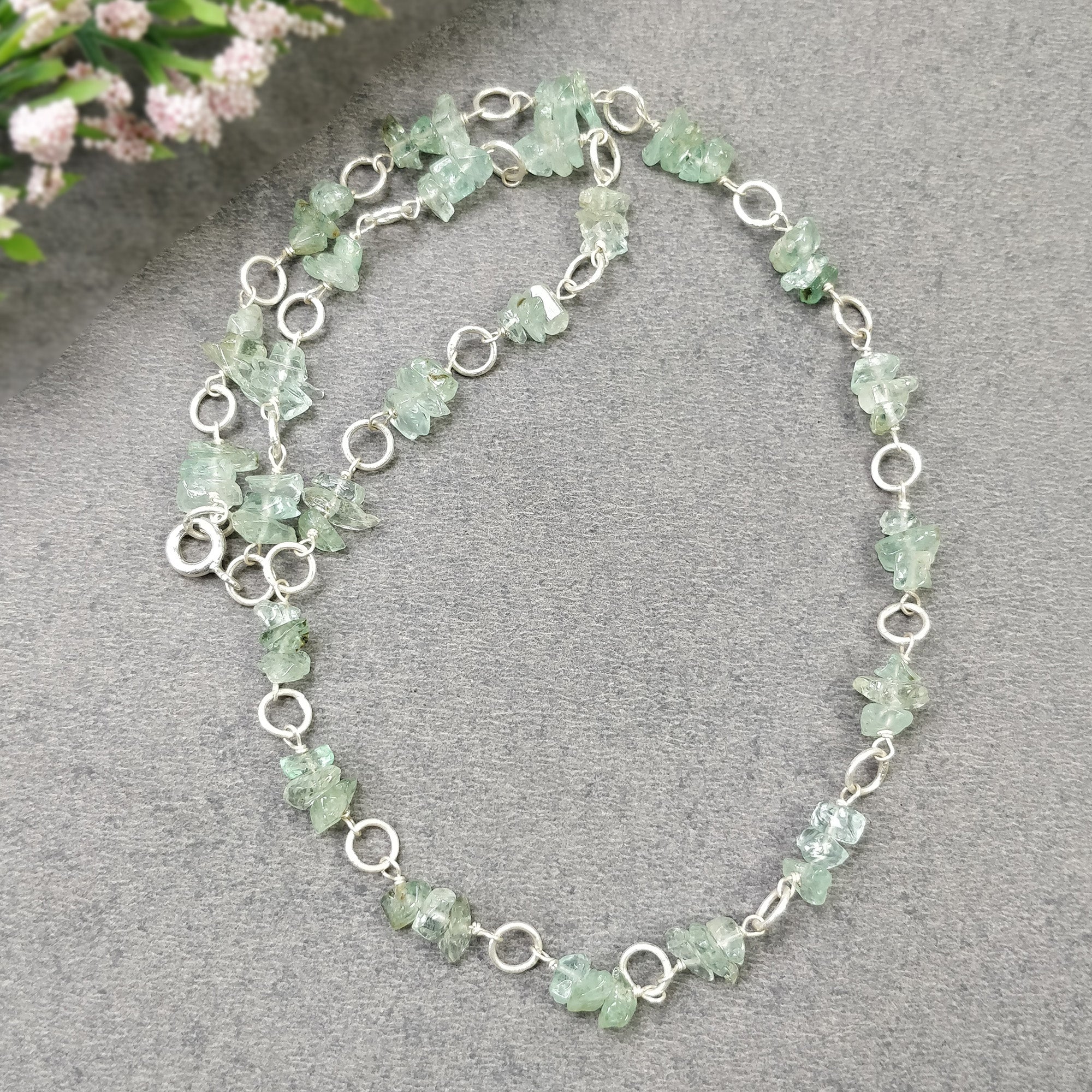 Natural Untreated Raw Emerald Gemstone Beads Sterling Silver Chain Necklace 16