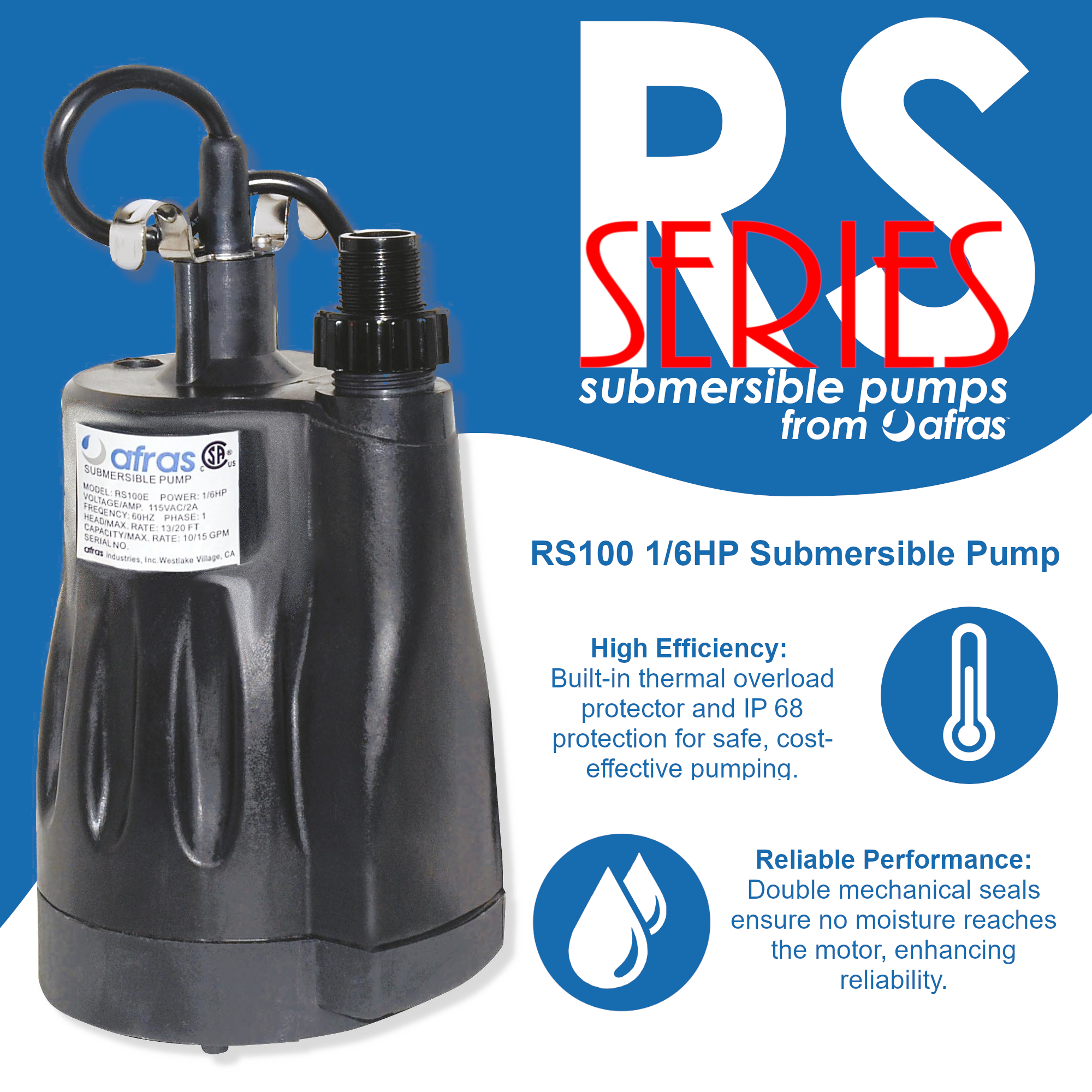 Afras RS100 1/6HP Submersible Pool Pump - Energy Efficient Water Pump for Swimming Pools, Spas & Fountains - Perfect for Water Circulation, Filtration & Maintenance