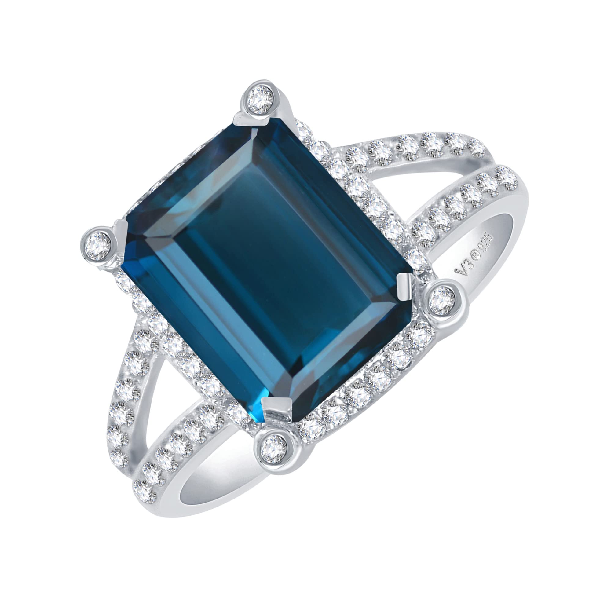 Sterling Silver London Blue Topaz & White Topaz Halo Ring for Women - Elegant Birthstone Jewelry Gift for Anniversary, Engagement, or Special Occasion