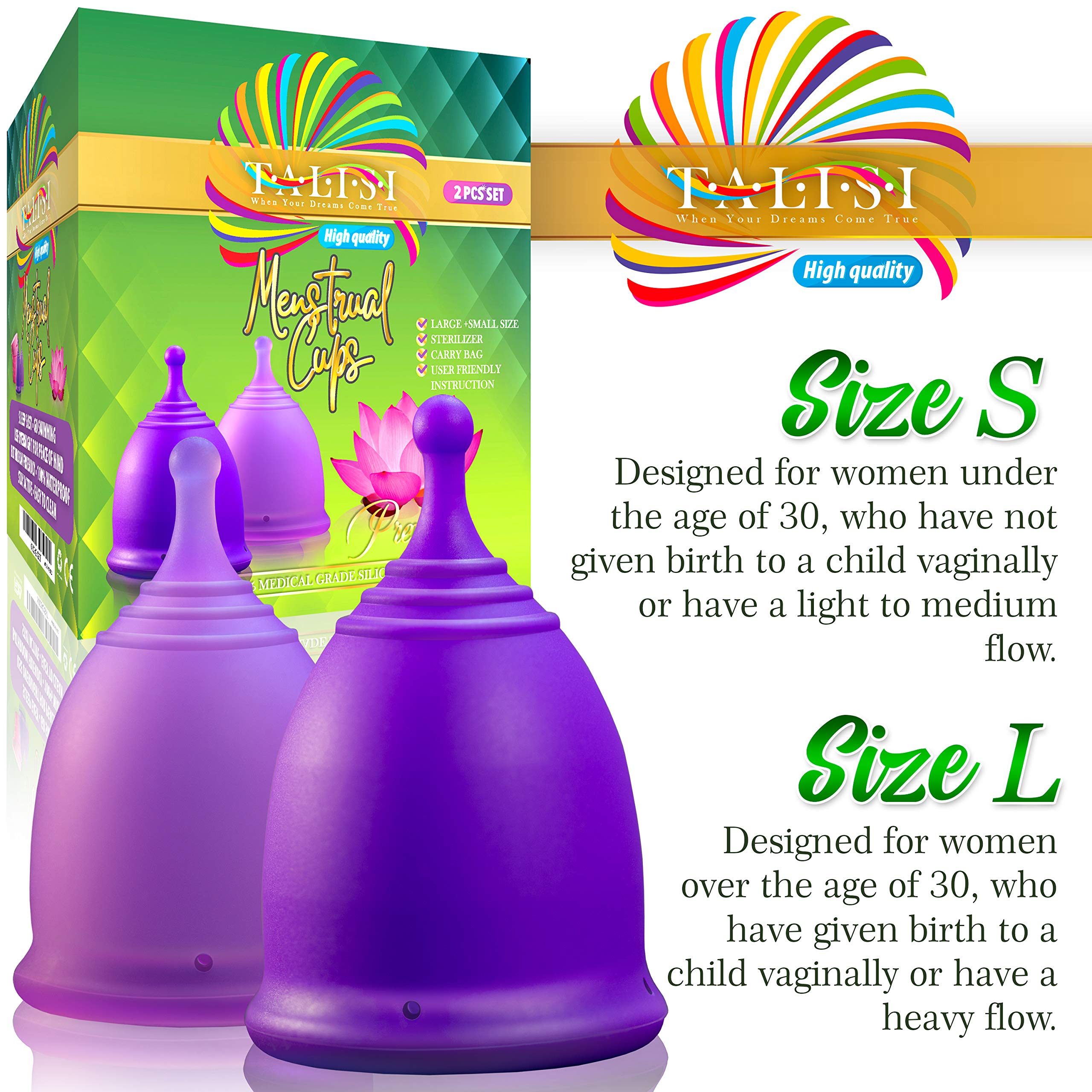 **Talisi Reusable Menstrual Cup Set (Small & Large) – 2 Pack with Foldable Silicone Sterilizer | Soft, Leak-Proof Period Cup for Heavy & Light Flow | Eco-Friendly Alternative to Tampons & Pads | Ideal for Travel, Gym & Active Lifestyles**