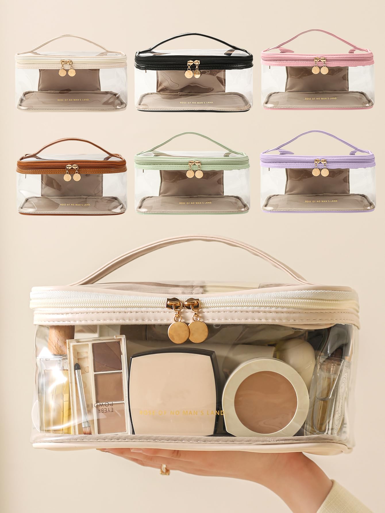 Large Clear Makeup Bag - Waterproof Transparent Cosmetic Organizer with Handle for Women | Travel Toiletry Case, Skincare Pouch, Daily Beauty Essentials | Perfect for Travel, Gym, and Home Storage (Off White)
