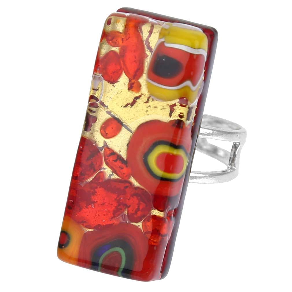 Venetian Murano Glass Adjustable Ring - Red Gold Elegant Rectangular Jewelry for Women | Perfect for Parties, Weddings & Special Occasions