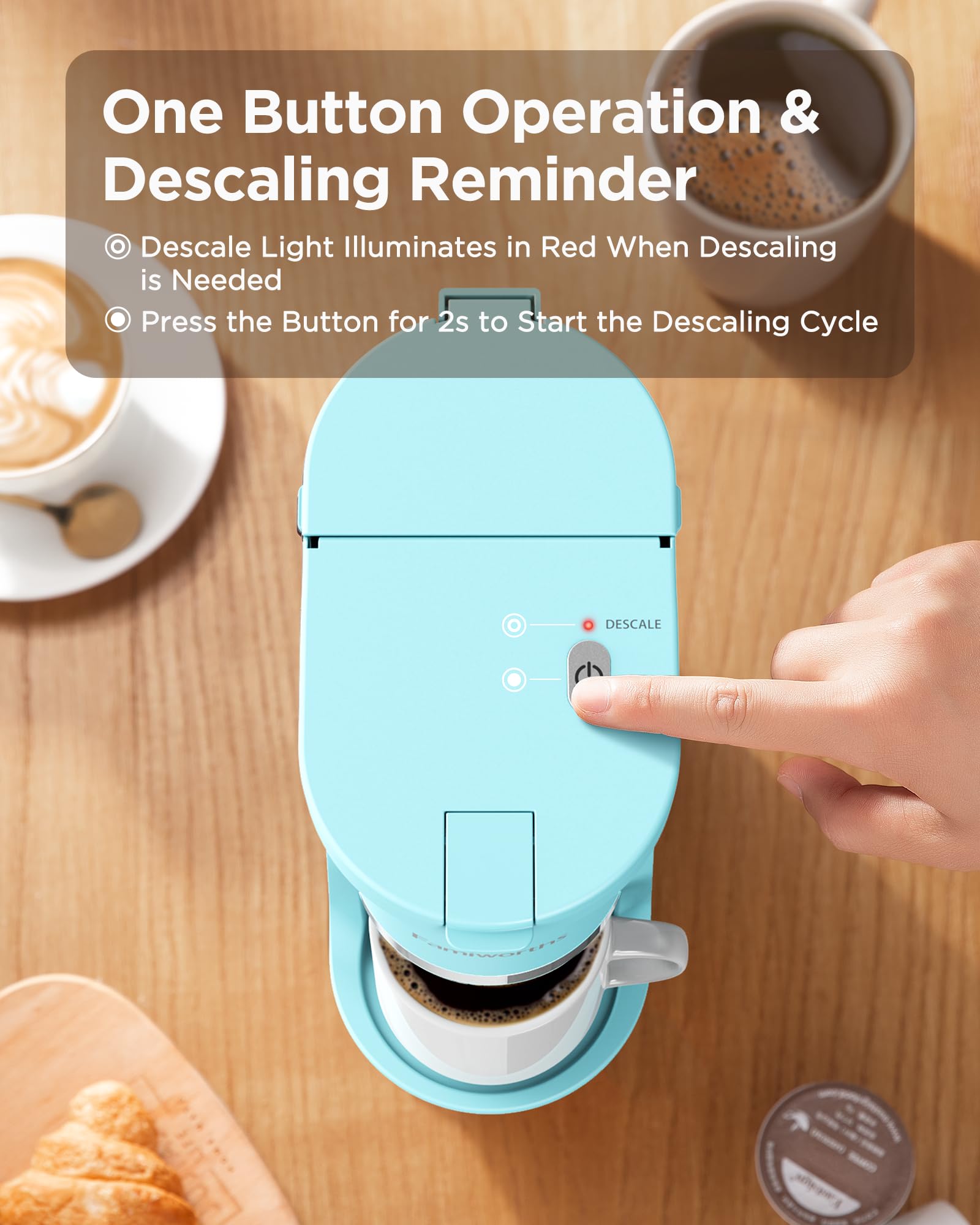 Famiworths Mini Single Serve Coffee Maker for K-Cup & Ground Coffee - 6 to 12 Oz Brew Sizes, Compact Capsule Coffee Machine with Water Window & Descaling Reminder - Perfect for Home, Office, Dorm & Travel (Teal Green)
