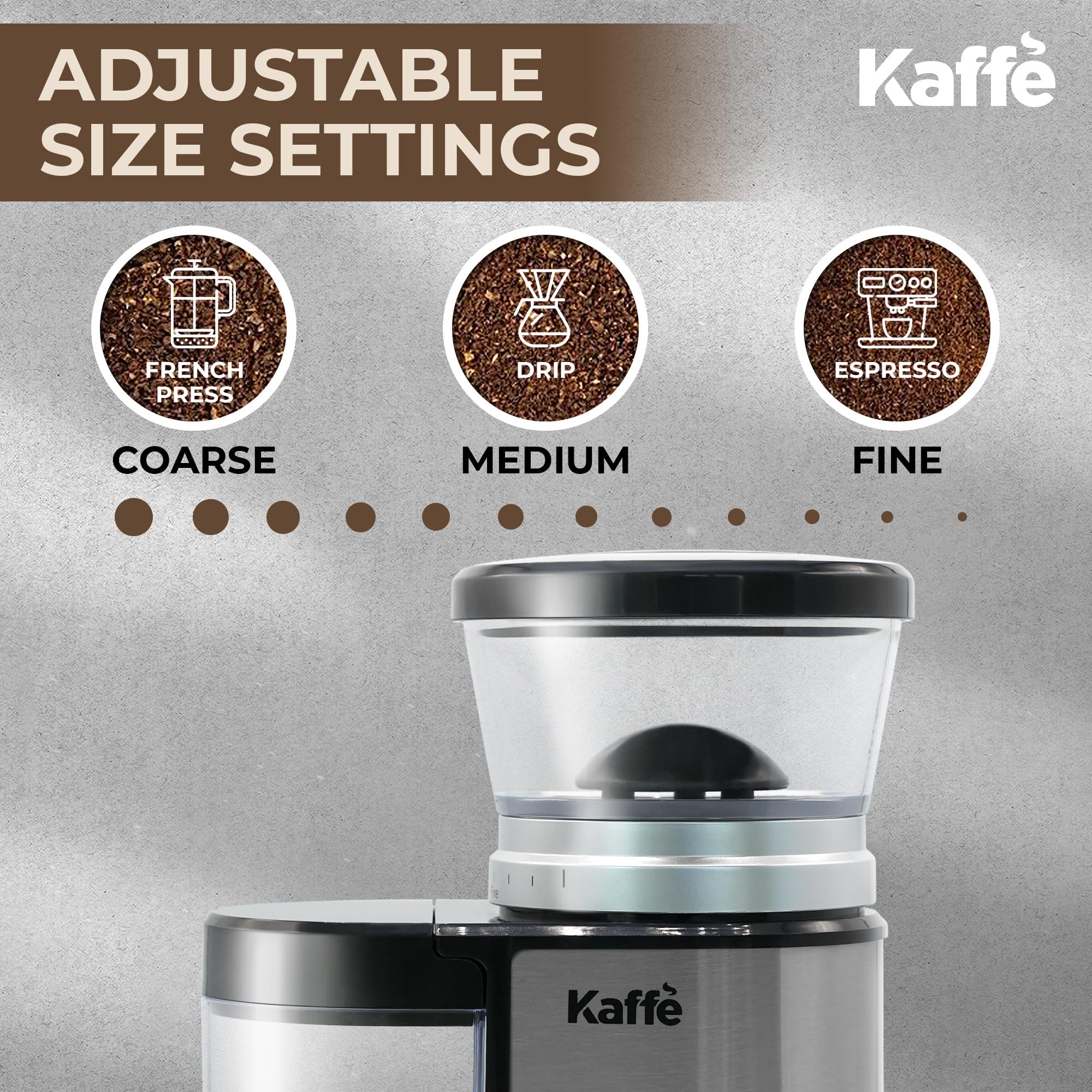 Premium Kaffe Electric Burr Coffee Grinder - 5.5oz Capacity with Adjustable Coarseness Settings, Flat Burr & Improved Motor - Stainless Steel Precision Coffee Bean Grinder for Espresso, French Press & Drip Coffee - Perfect for Home & Office Use