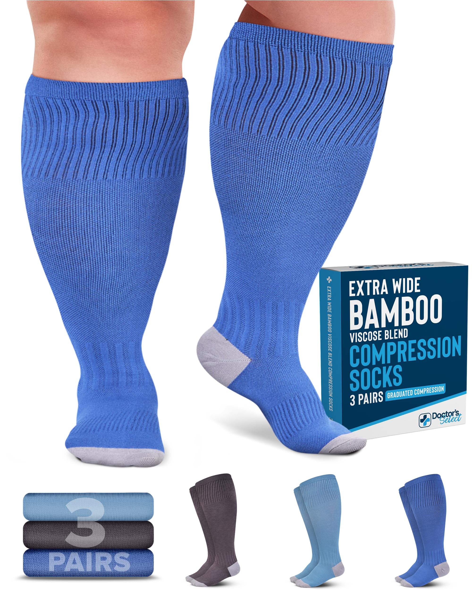 **Doctor's Select 3 Pairs Plus Size Compression Socks for Wide Calf – Bamboo Viscose Knee-High Socks for Circulation Support – Ideal for Nurses, Travel, Running – Blue, Teal, Gray – Perfect for Long Shifts, Air Travel & Workouts**