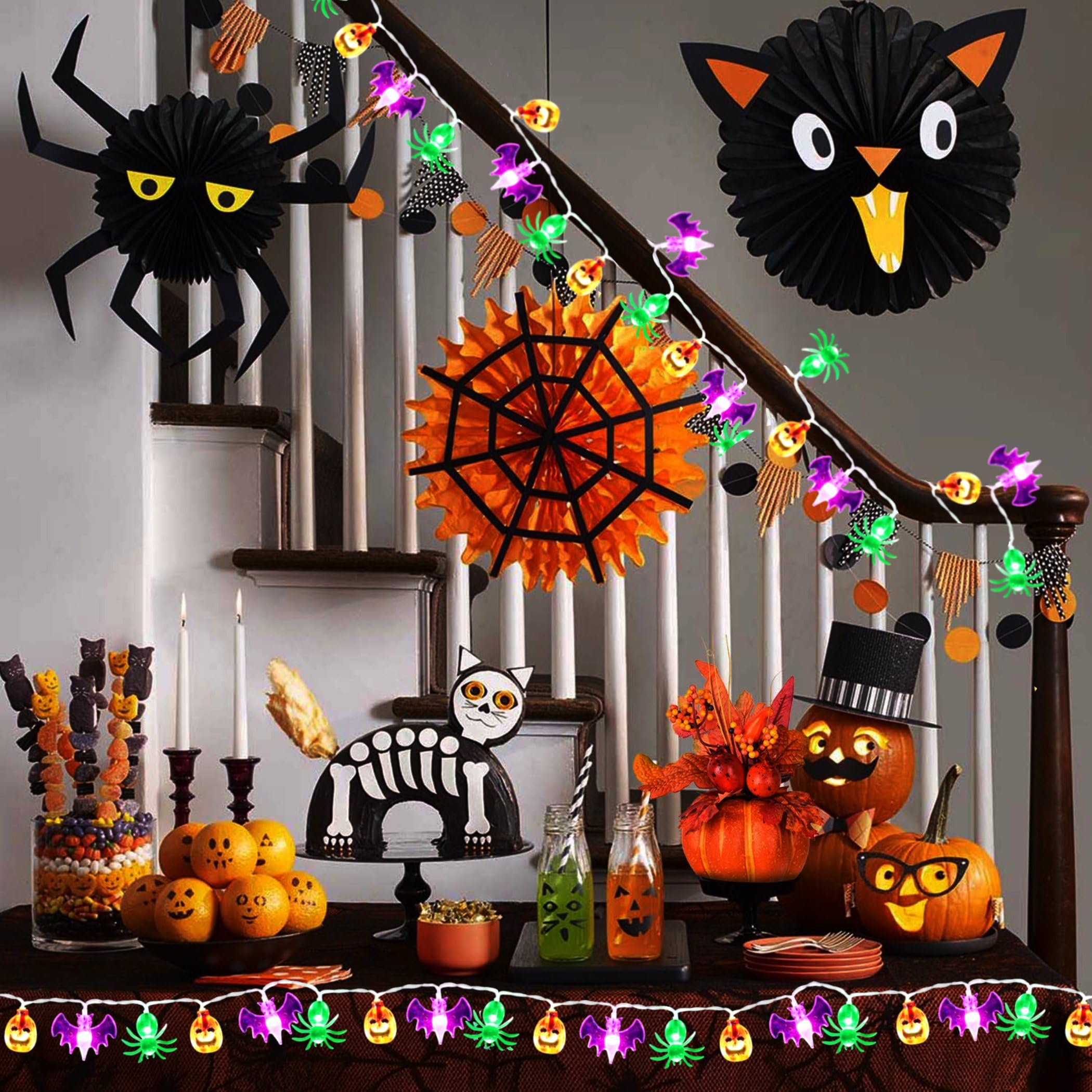 30 LED 3D Pumpkin Bat Spider Halloween String Lights - 14.76FT Battery Operated with Timer for Home, Window, Porch, Outdoor Party Decor - Perfect for Halloween Night, Spooky Yard Displays & Haunted House Decorations