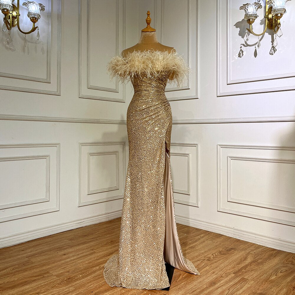Elegant Green Mermaid Evening Gown with High Slit & Feather Details - Luxury Formal Dress for Women - Perfect for Weddings, Parties & Special Occasions