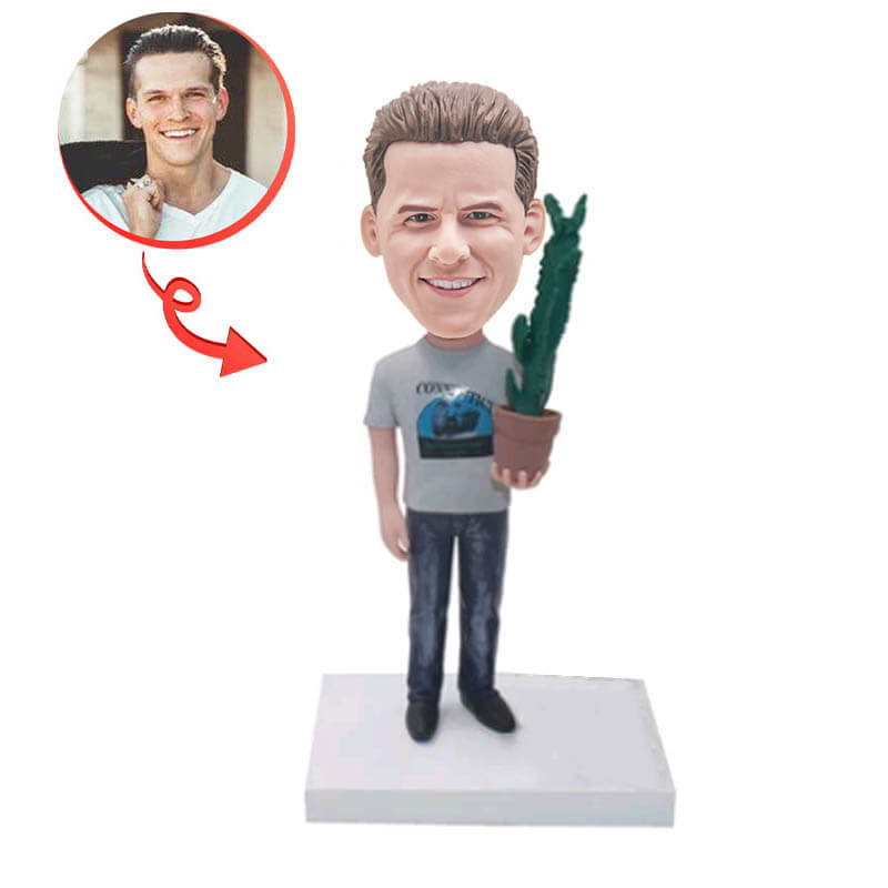 Custom Bobblehead of Man Dragging a Pot of Cactus - Unique Personalized Figurine for Home Decor, Office Desk, or Gift Idea