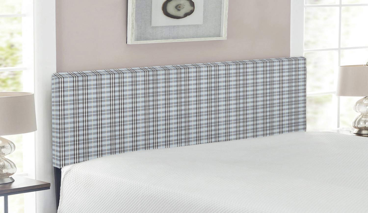 Ambesonne Modern Abstract Upholstered Headboard - Checkered Geometric Design with Memory Foam, Queen Size Bed Frame in Pale Blue Grey | Perfect for Contemporary Bedrooms & Guest Rooms
