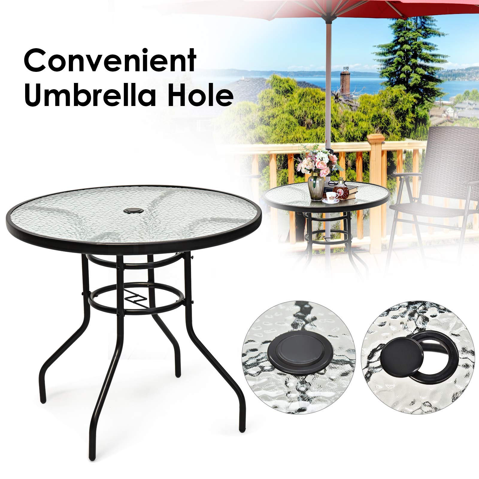 32'' Round Outdoor Patio Table with Umbrella Hole - Tempered Glass Top & Sturdy Metal Frame - Bistro Dining Coffee Table for Garden, Balcony, Poolside - Perfect for Outdoor Entertaining & Relaxation