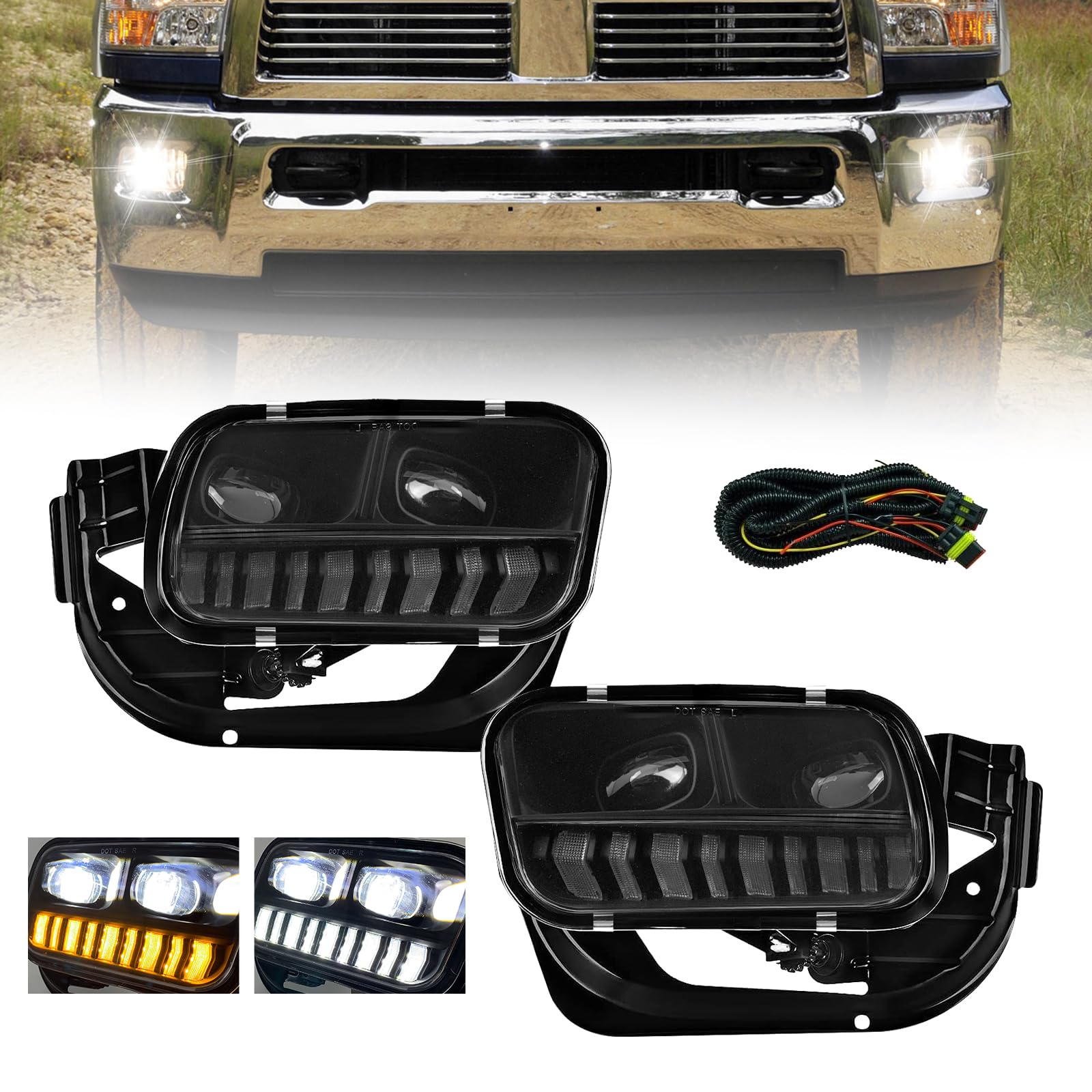 2009-2018 Dodge Ram 1500 2500 3500 LED DRL Fog Lights with Amber Turn Signal - Clear Lens Front Bumper Driving Lamps for Enhanced Visibility & Safety in Night Driving and Foggy Conditions