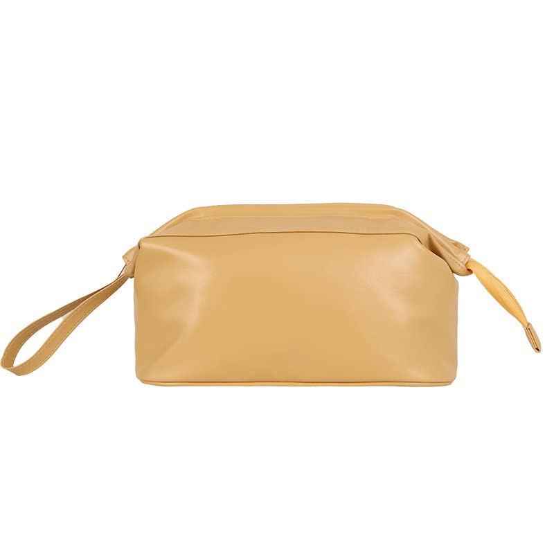 Large Leather Makeup Bag for Travel - Double Layer Cosmetic Organizer with Drawstring, 2-in-1 Portable Toiletry Bag for Women | Perfect for Vacation, Gym & Daily Use (Cream Yellow, Single Layer)