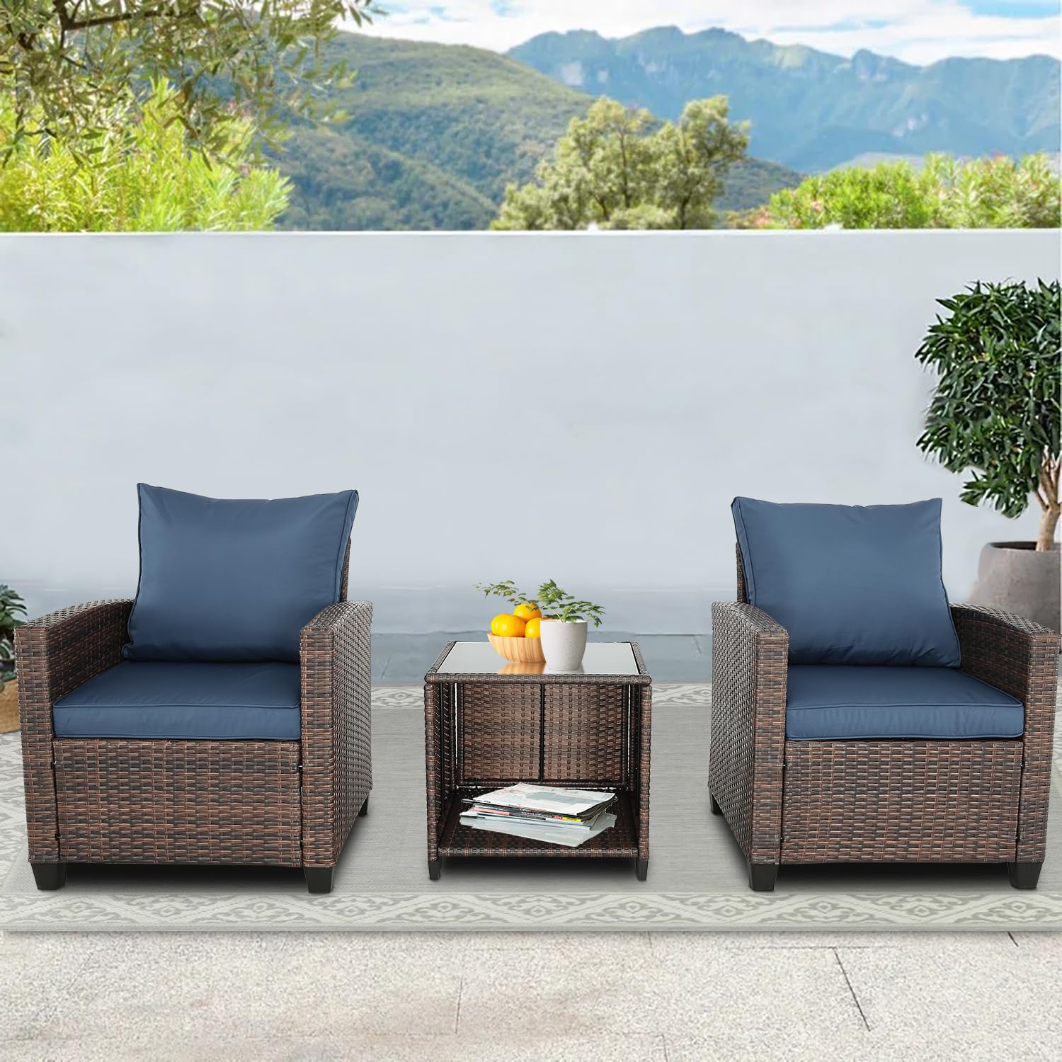 3-Piece Patio Furniture Set, PE Rattan Wicker Outdoor Sofa with Washable Cushions & Tempered Glass Table - Perfect for Balcony, Garden, Poolside & Backyard (Brown & Navy Blue) | Weather-Resistant Outdoor Lounge Set for Relaxing & Entertaining