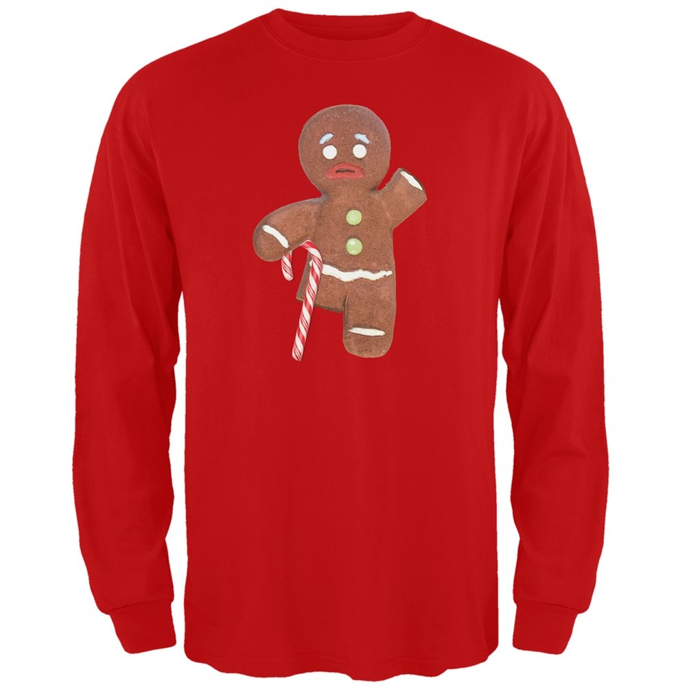 Old Glory Gingerbread Man with Candy Cane Crutch Christmas T-Shirt for Adults - Long Sleeve Holiday Graphic Tee for Xmas Parties, Family Gatherings & Festive Outfits