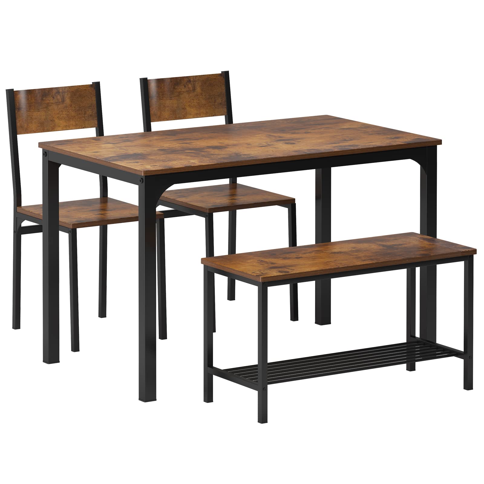 Soges 4-Piece Dining Table Set with 2 Chairs & Storage Bench - 43.3 Inch Rustic Brown Kitchen Table for 4 - Space-Saving Nesting Furniture for Dining Room, Kitchen, Restaurant & Small Apartments - Perfect for Family Meals, Entertaining Guests & Compact Living Spaces