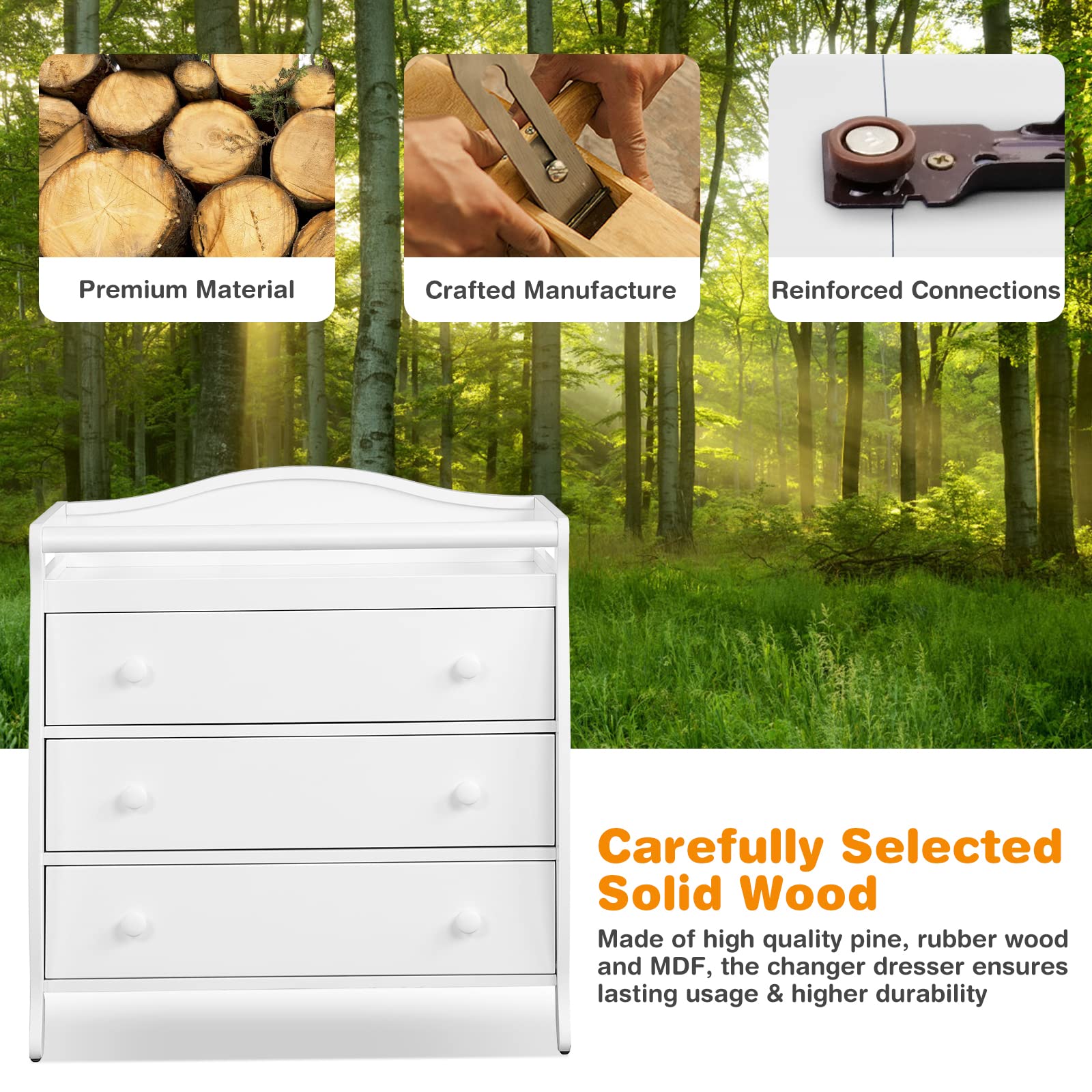 Costzon 3-Drawer Baby Changing Table with Safety Rails & Strap - White Nursery Dresser for Diaper Changing Station, Easy Assembly - Perfect for Newborn Care & Nursery Organization