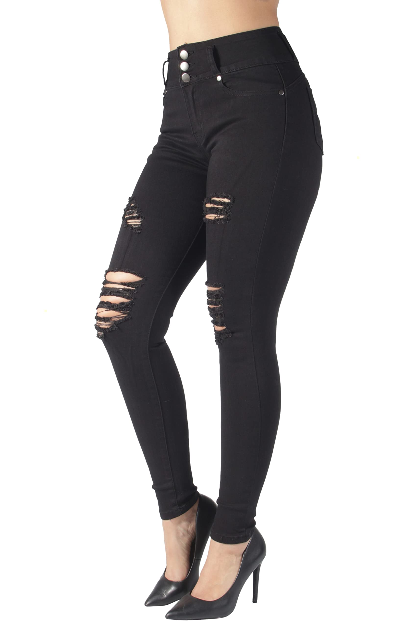 Women's Butt Lift Push Up Mid Waist Ripped Distressed Skinny Jeans - Trendy High Stretch Denim Pants for Casual Outfits & Night Out