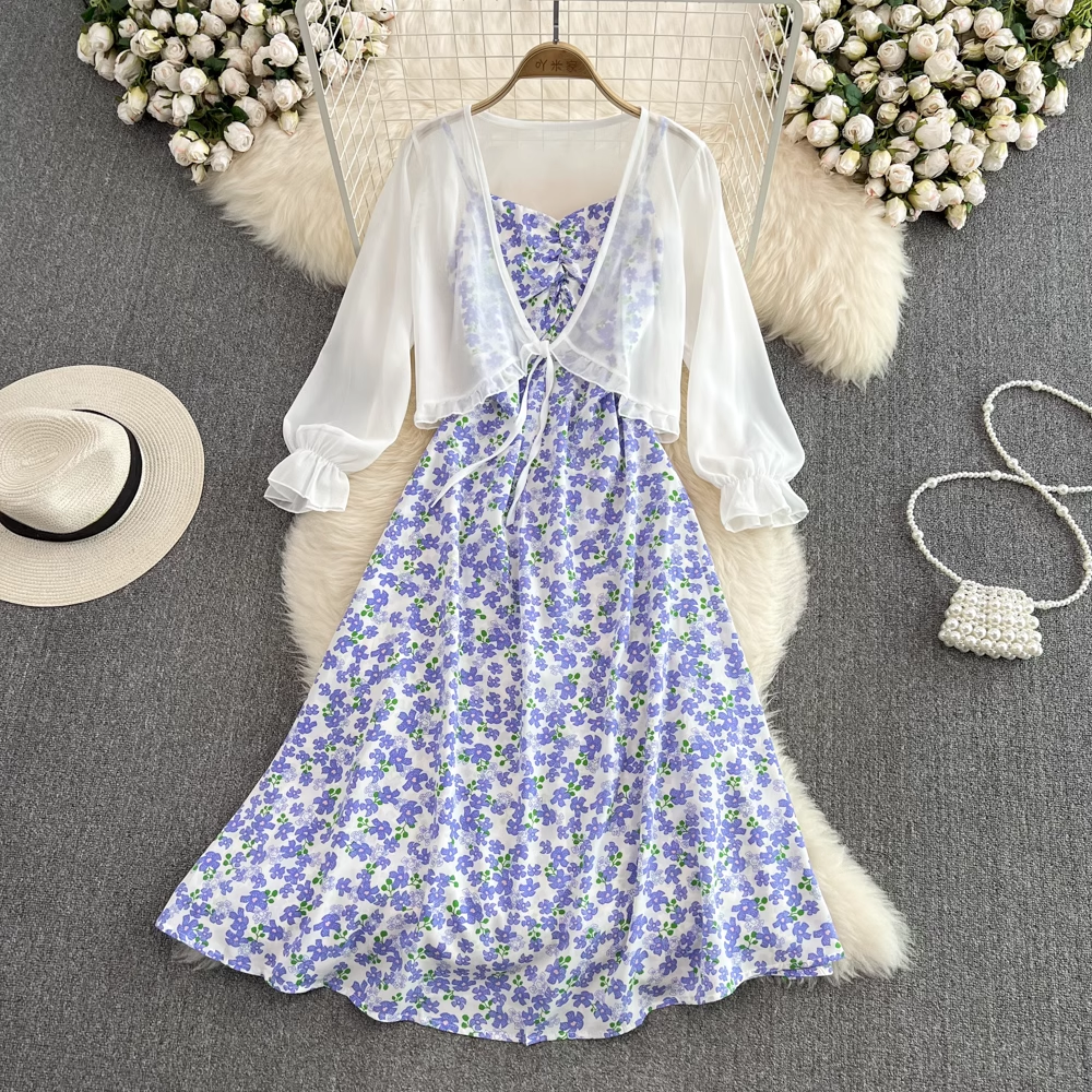 Fairy Chiffon Cardigan & Sleeveless A-Line Floral Dress 2-Piece Set for Women - Summer Beach Cover Up, Boho Wedding Guest Outfit, Casual Date Night Dress