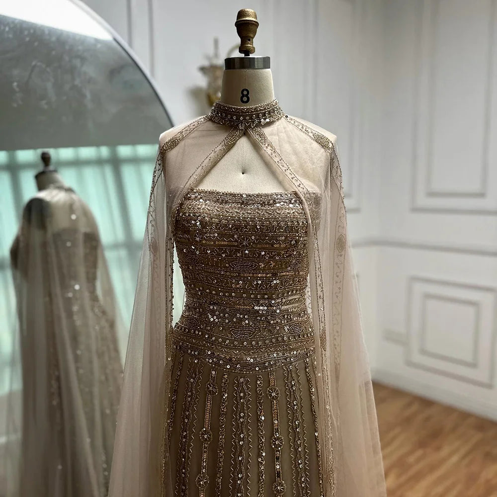 Elegant Beaded A-Line Evening Gown with Caramel Color - Perfect for Dubai Parties, Red Carpet Events & Formal Occasions | Style LA72873
