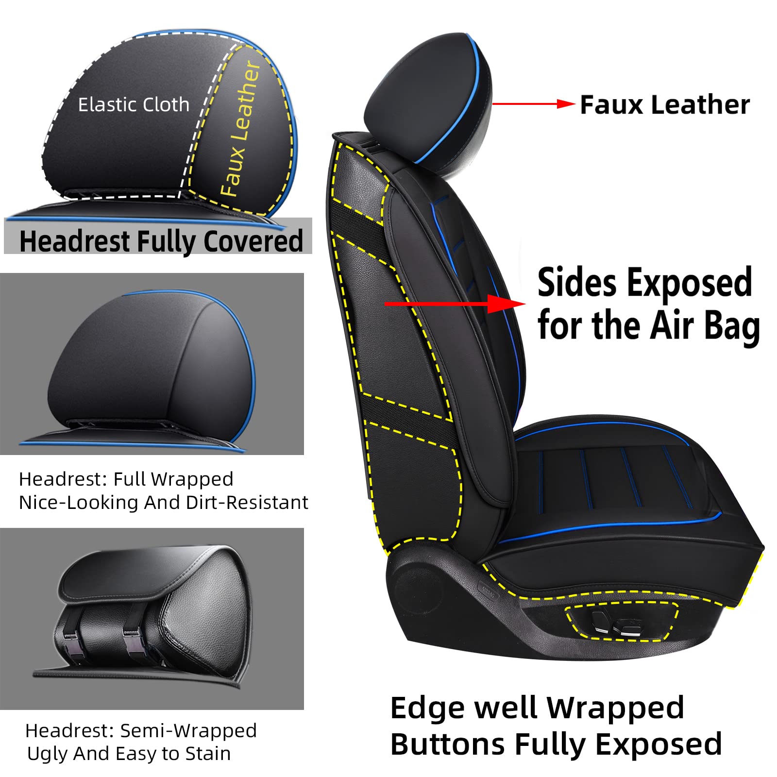Premium Universal Leather Car Seat Covers - Waterproof Faux Leatherette Cushion Protectors for Cars, SUVs & Trucks (Black & Blue Full Set) | Auto Interior Accessories for Comfort & Style | Perfect for Daily Commutes, Road Trips & Family Travel
