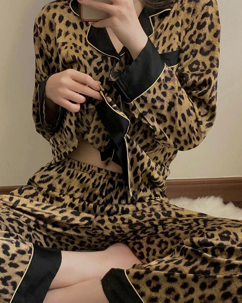 Luxury Wide Hem Leopard Print Silk Pajama Set for Women - Soft & Comfortable Sleepwear for Nighttime Relaxation and Lounging at Home