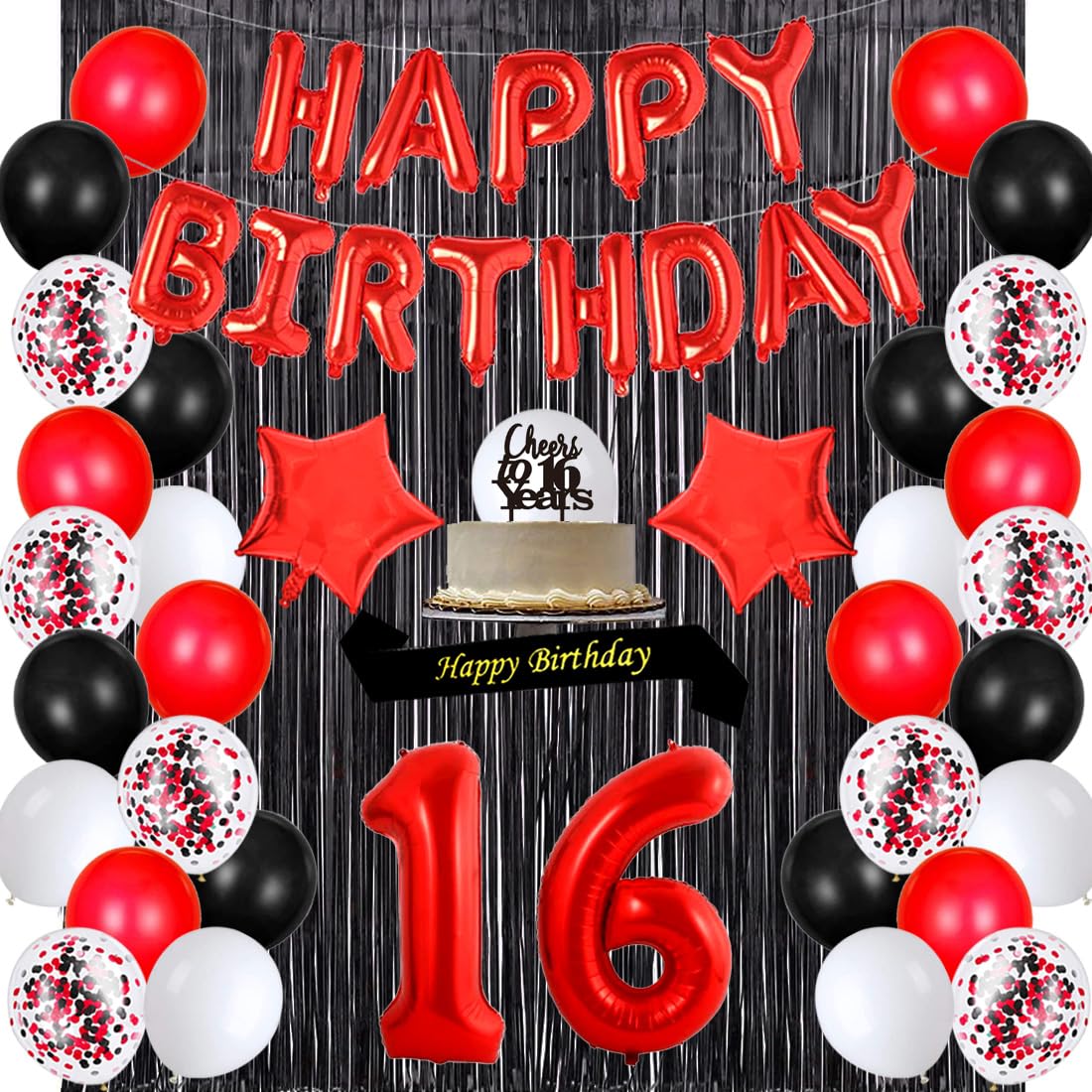 16th Birthday Party Decorations Kit - Happy Birthday Banner, Sash, Cake Topper, Confetti & Balloons for Sweet 16 Celebration | Red & Black Theme Decor for Girls | Perfect for Sweet 16 Parties, Photo Backdrops & Milestone Celebrations