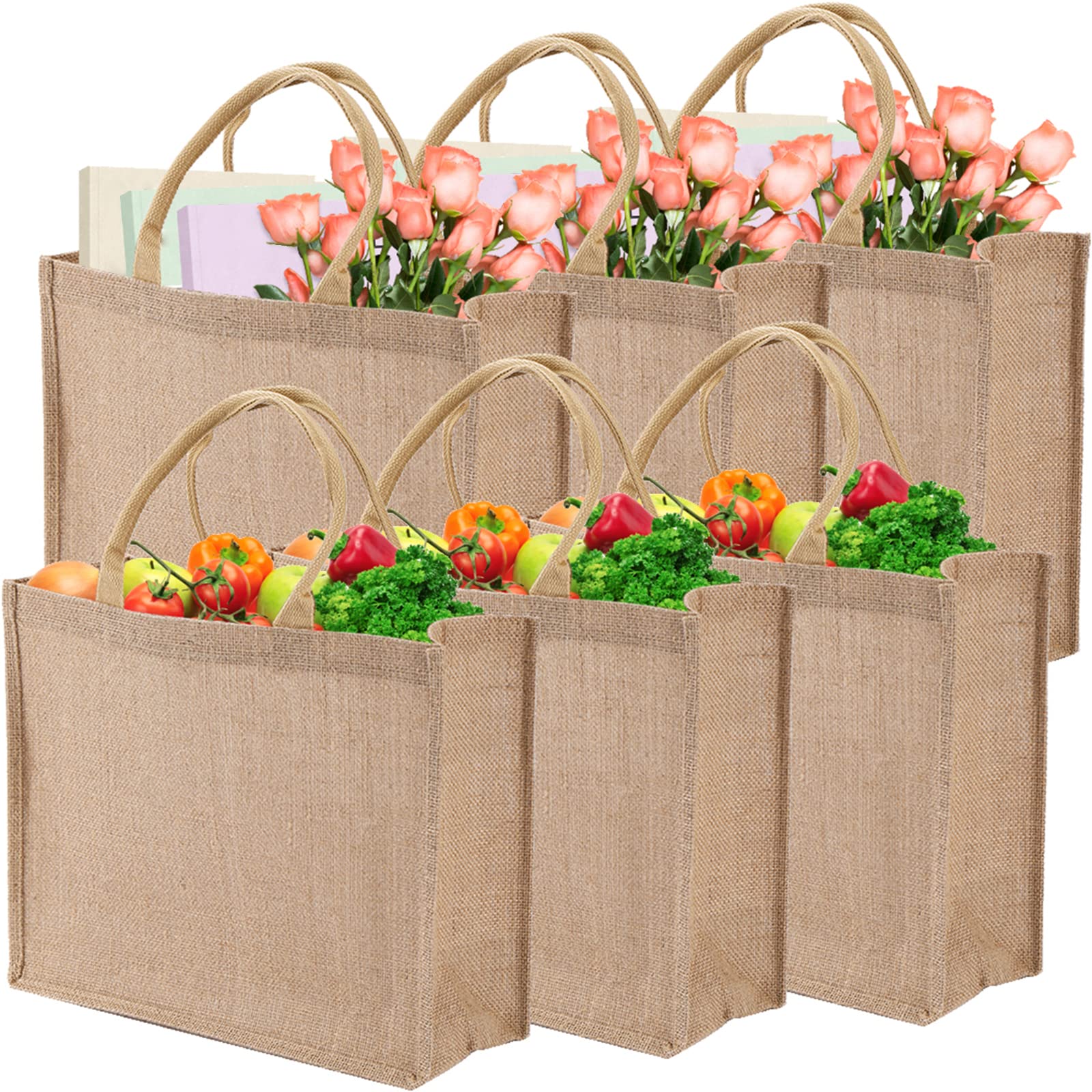 DEAYOU 6 Pack Eco-Friendly Jute Tote Bags - 15.4''x12.2''x5.9'' Natural Burlap Shopping Bags with Sturdy Handles for Groceries, DIY Crafts, Weddings & Beach Outings | Reusable Gift Bags for Sustainable Lifestyle