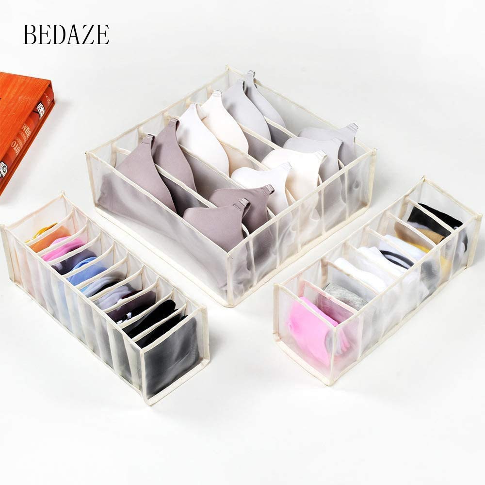 BEDAZE 3 Pack Underwear Organizer Drawer Divider - Foldable Closet Storage Box for Socks, Bras & Underwear | Space Saving Home Organization Solution for Bedroom & Dresser