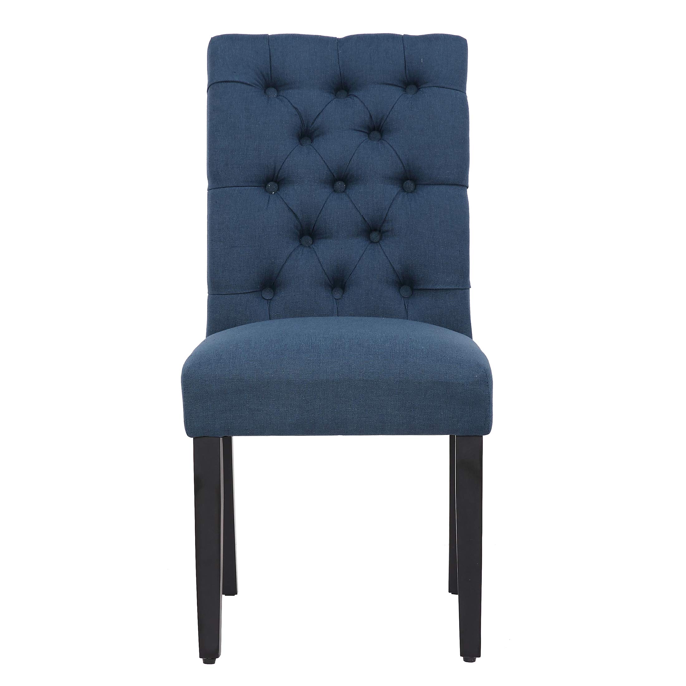 WestinTrends Hayes Tufted Dining Chairs - Set of 2 Blue Linen Fabric Upholstered Kitchen Chairs with Solid Wood Legs for Dining Room, Kitchen, Breakfast Nook & Home Decor